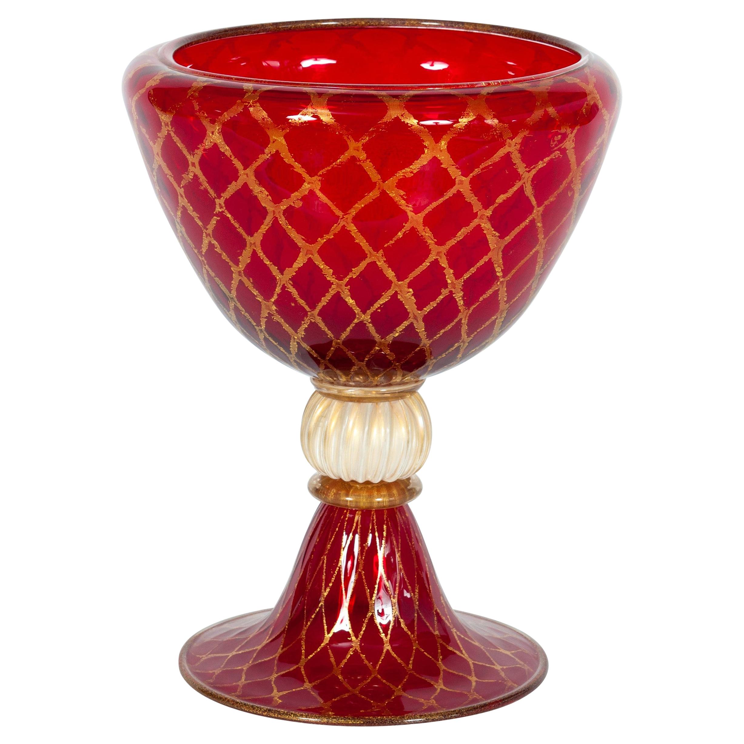 Ruby Red Bowl with 24-Carat Gold Finishes in Blown Murano Glass, 1990s, Italy