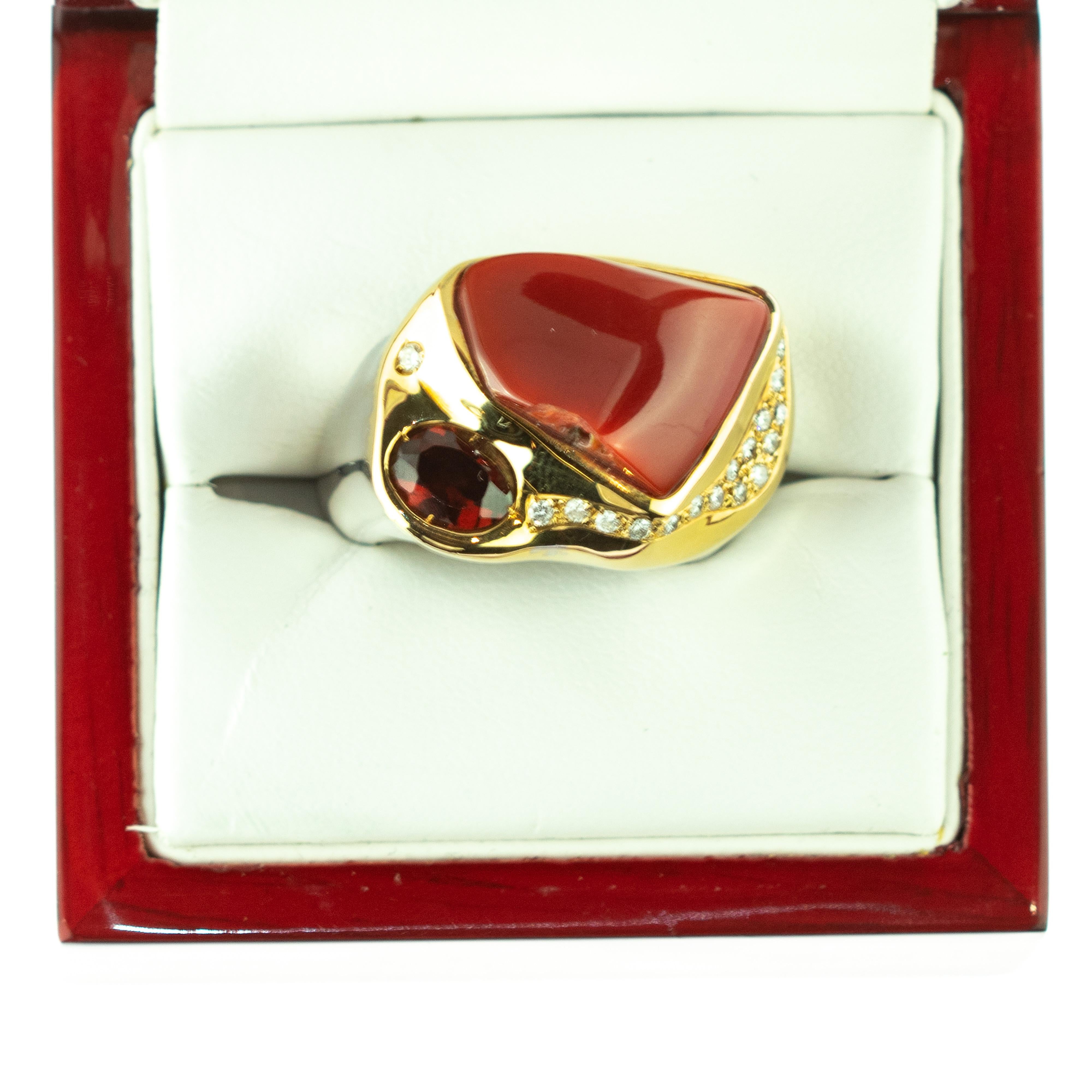 Garnet Red Coral Diamond 18 Karat Gold Legacy Victorian Handmade Cocktail Ring For Sale 5
