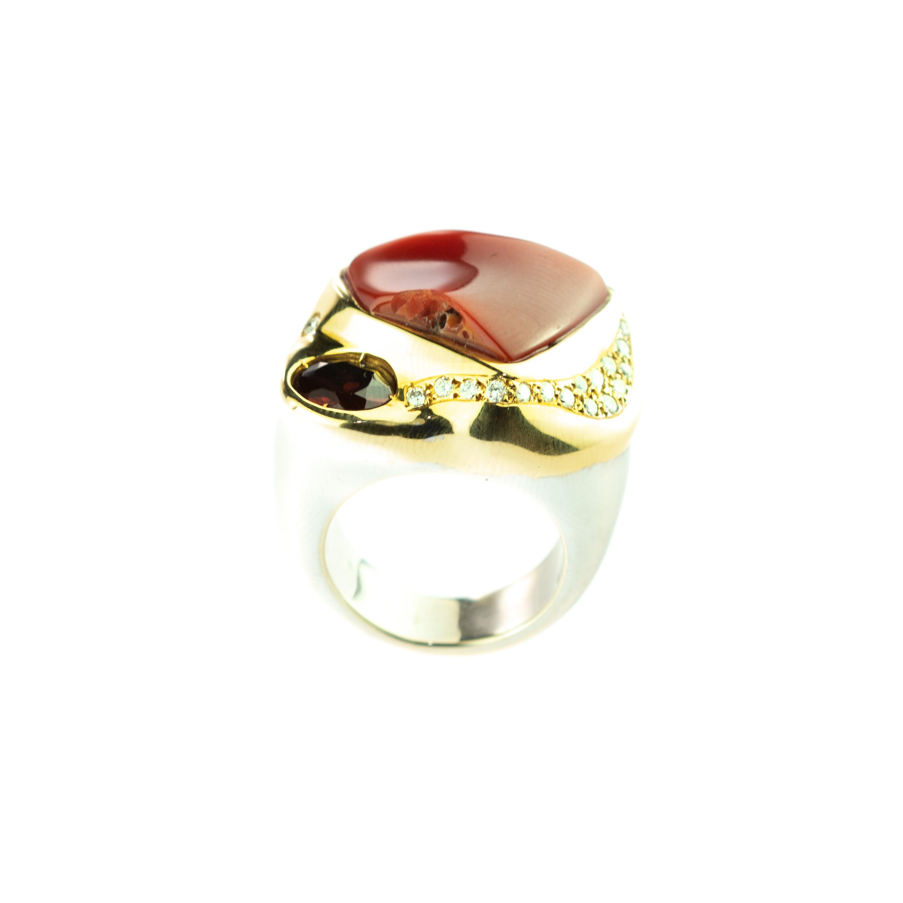 Modernist Garnet Red Coral Diamond 18 Karat Gold Legacy Victorian Handmade Cocktail Ring For Sale
