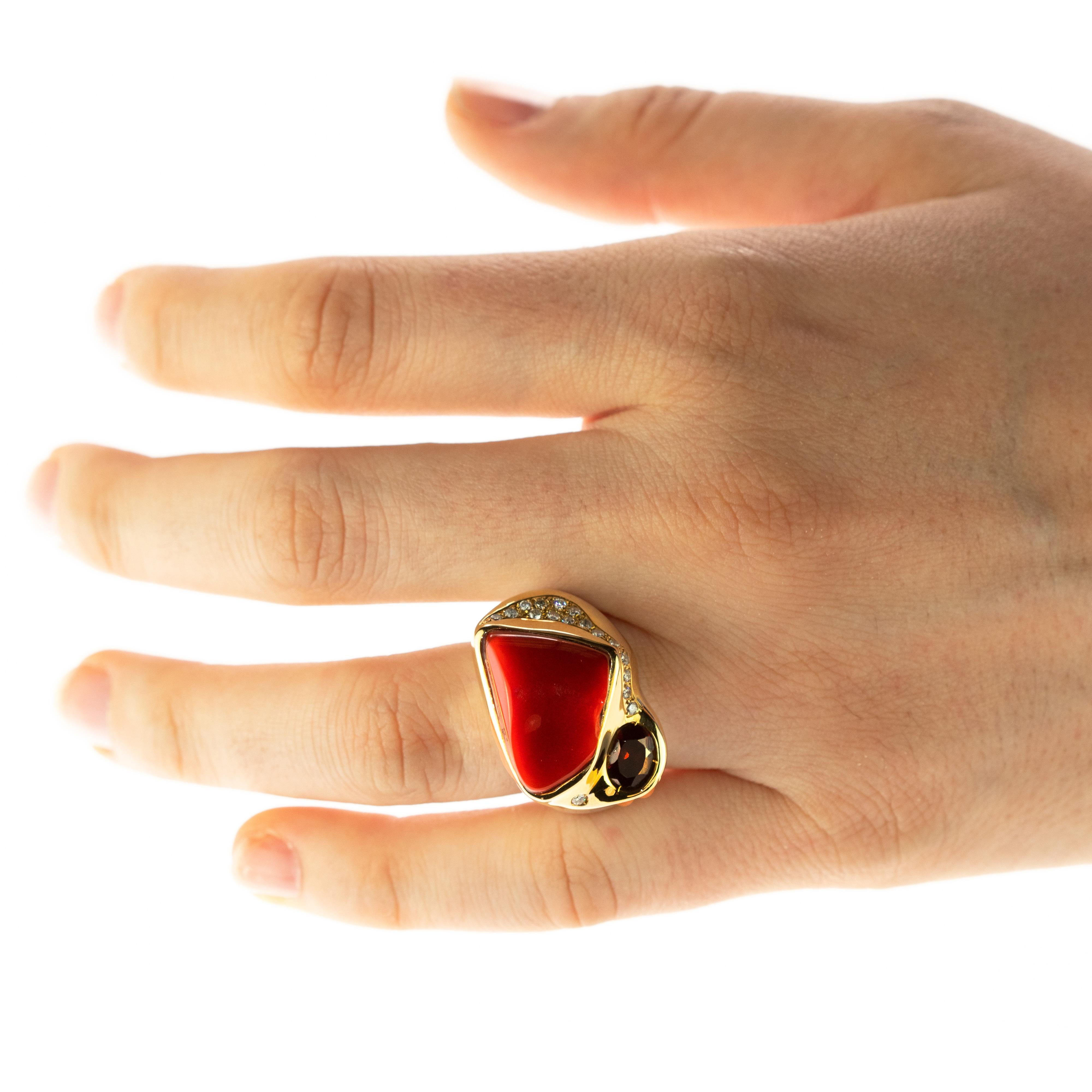 Mixed Cut Garnet Red Coral Diamond 18 Karat Gold Legacy Victorian Handmade Cocktail Ring For Sale