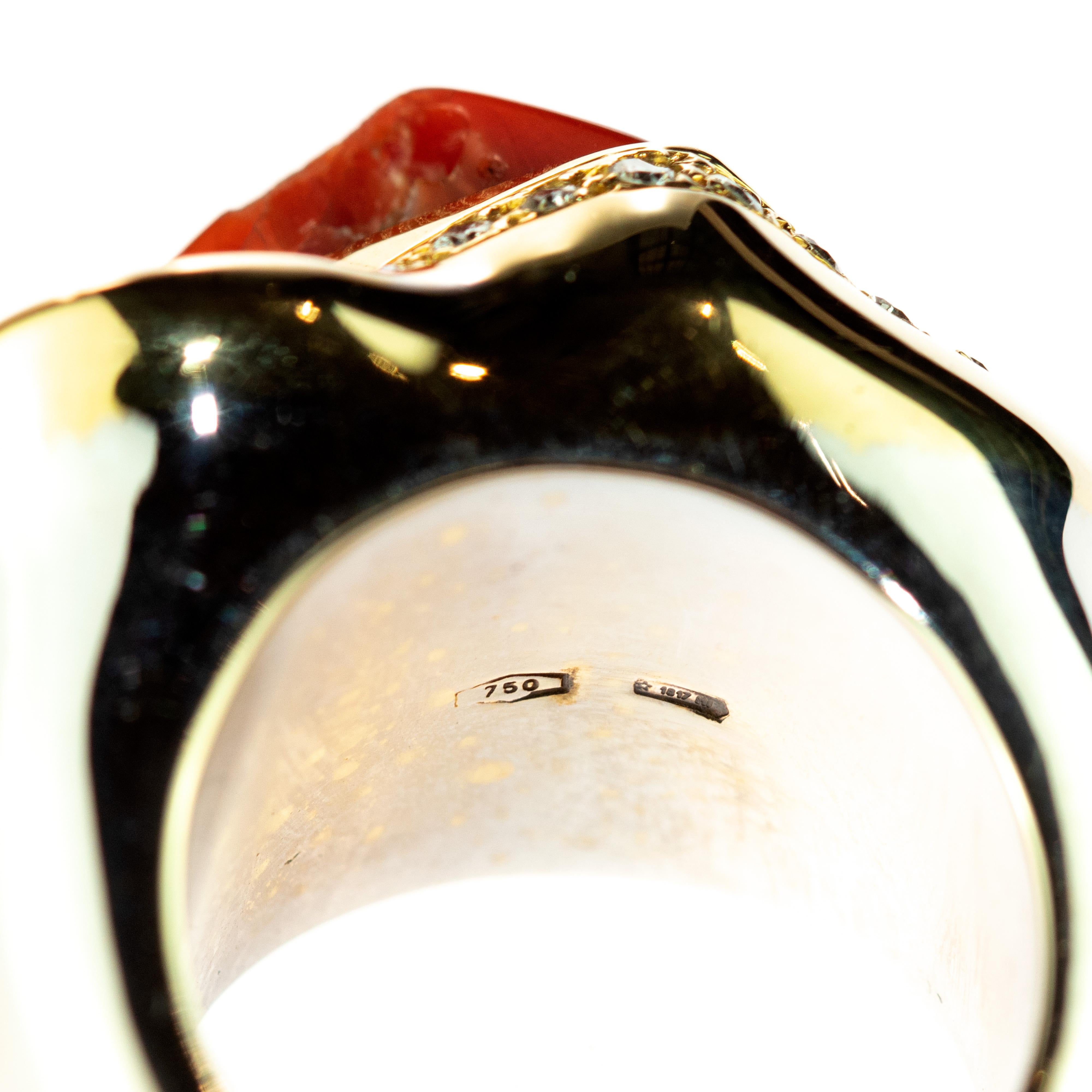 Women's Garnet Red Coral Diamond 18 Karat Gold Legacy Victorian Handmade Cocktail Ring For Sale
