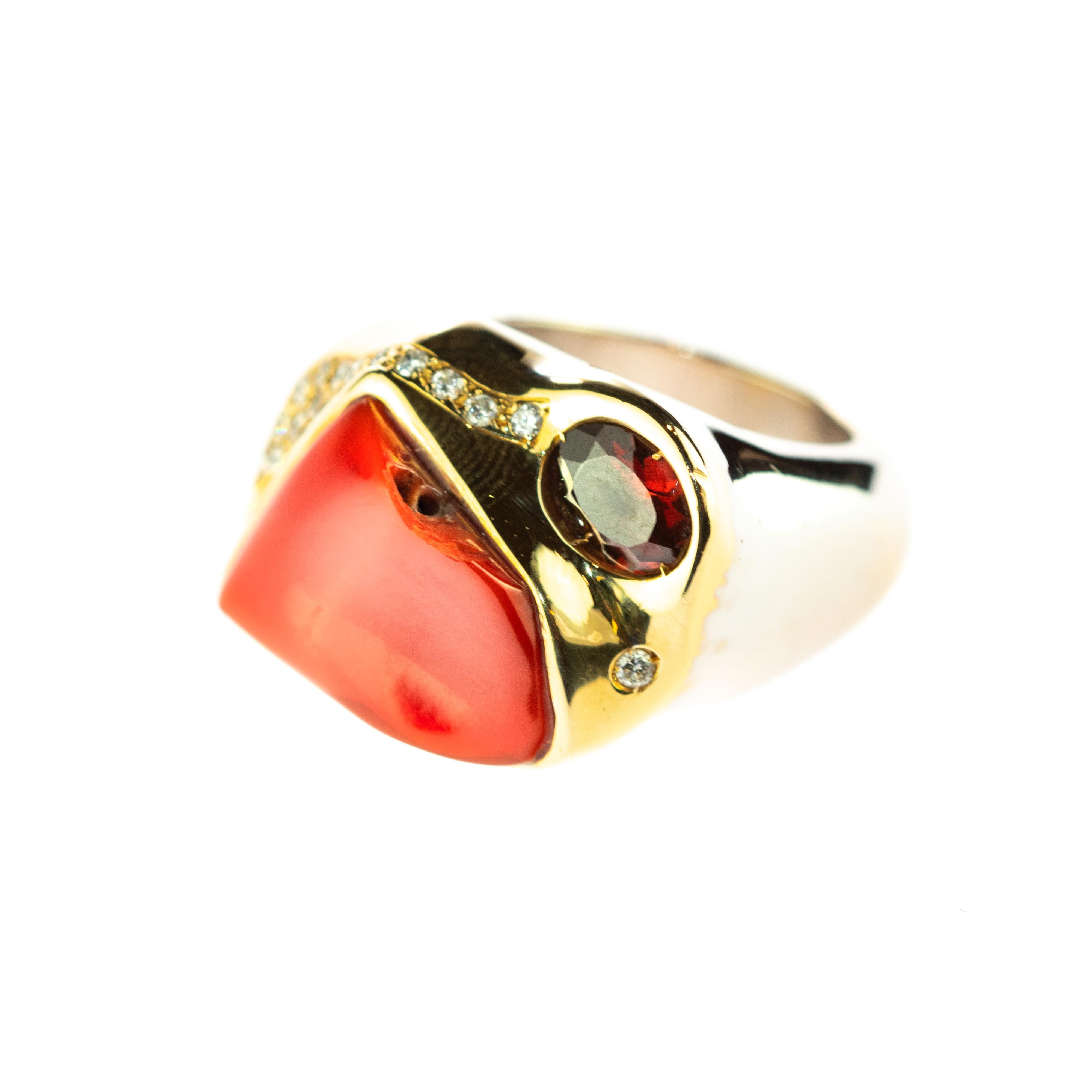 Garnet Red Coral Diamond 18 Karat Gold Legacy Victorian Handmade Cocktail Ring For Sale 1