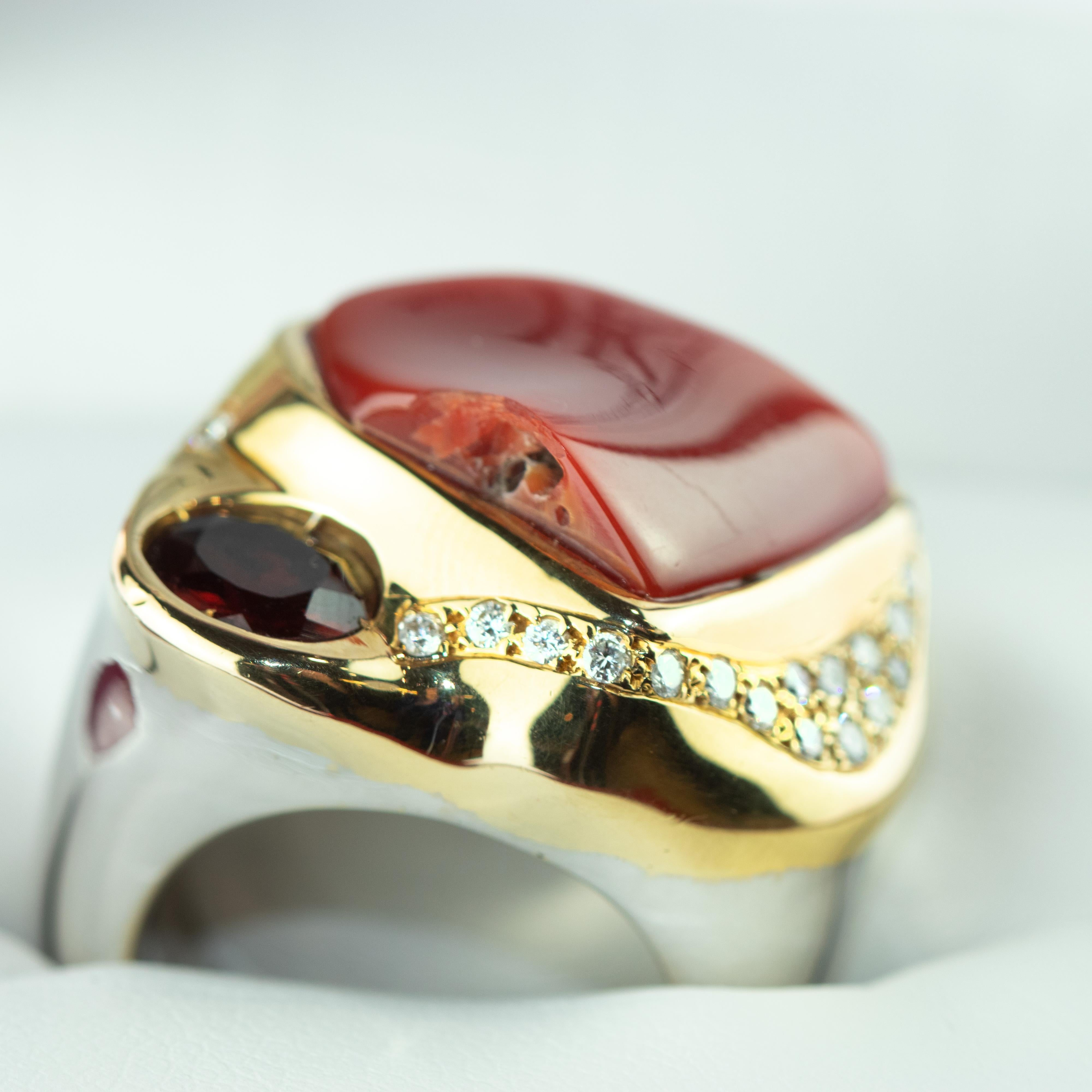 Garnet Red Coral Diamond 18 Karat Gold Legacy Victorian Handmade Cocktail Ring For Sale 2