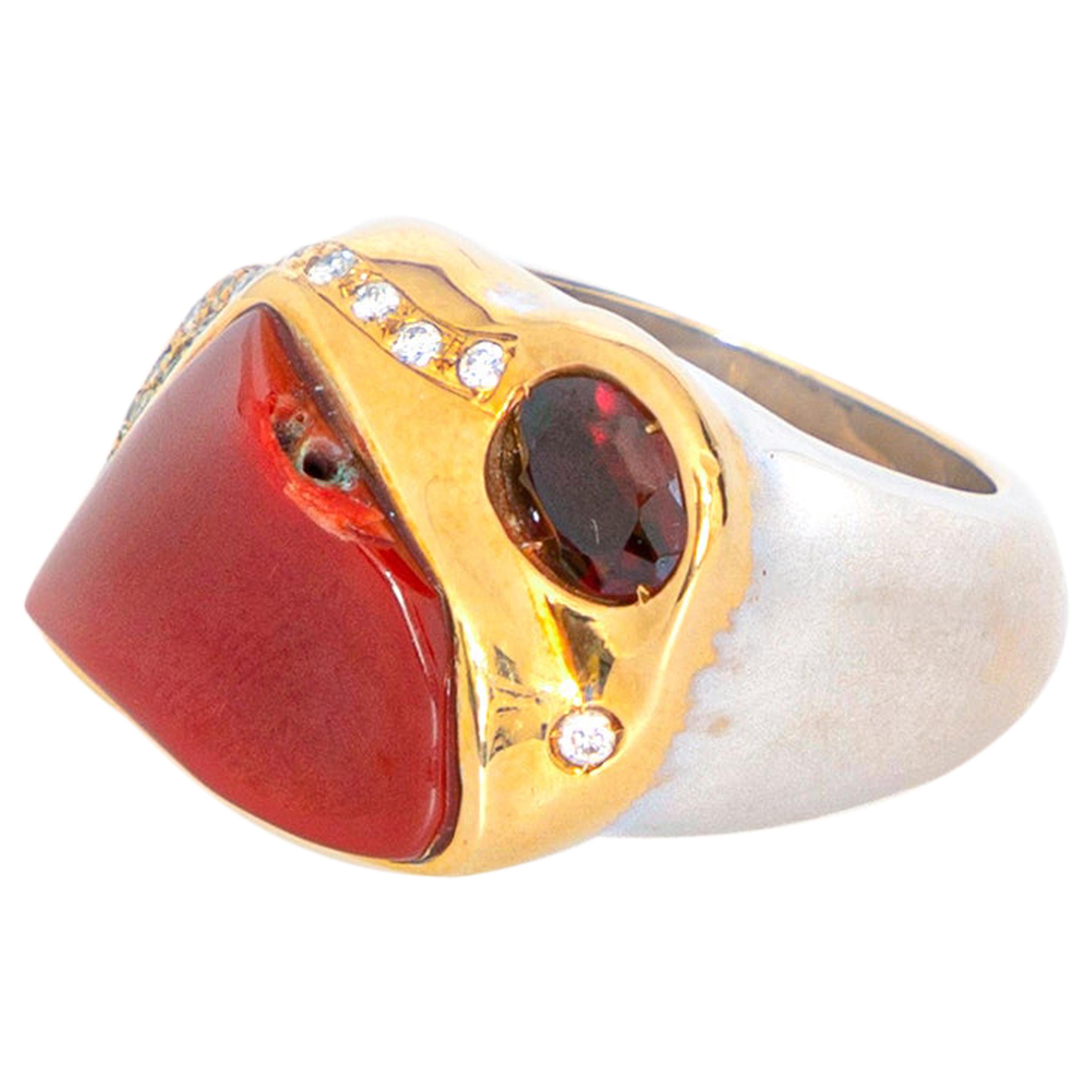 Garnet Red Coral Diamond 18 Karat Gold Legacy Victorian Handmade Cocktail Ring For Sale
