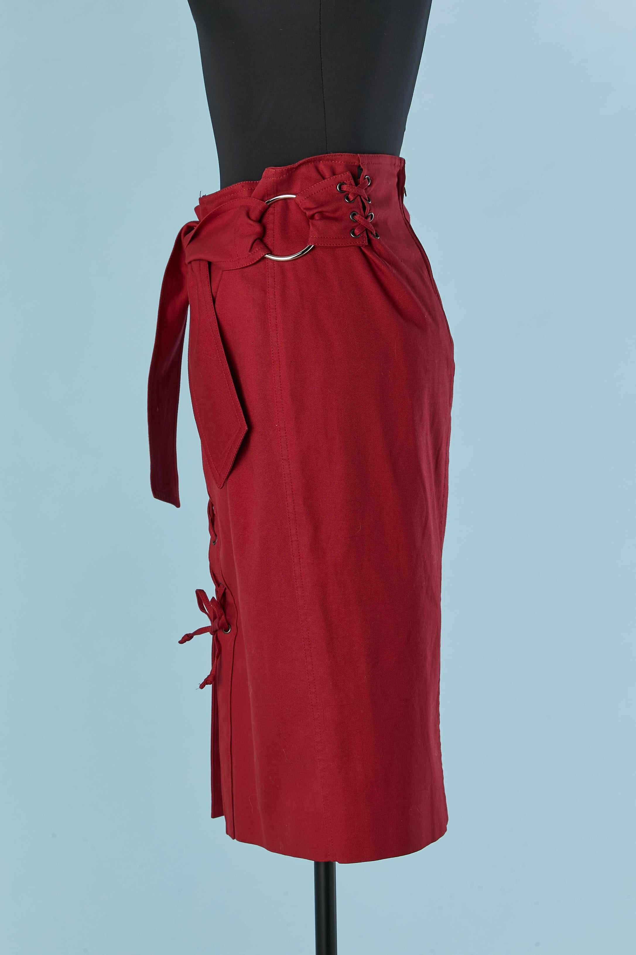 Ruby red cotton skirt with laces and belt Yves Saint Laurent  For Sale 1