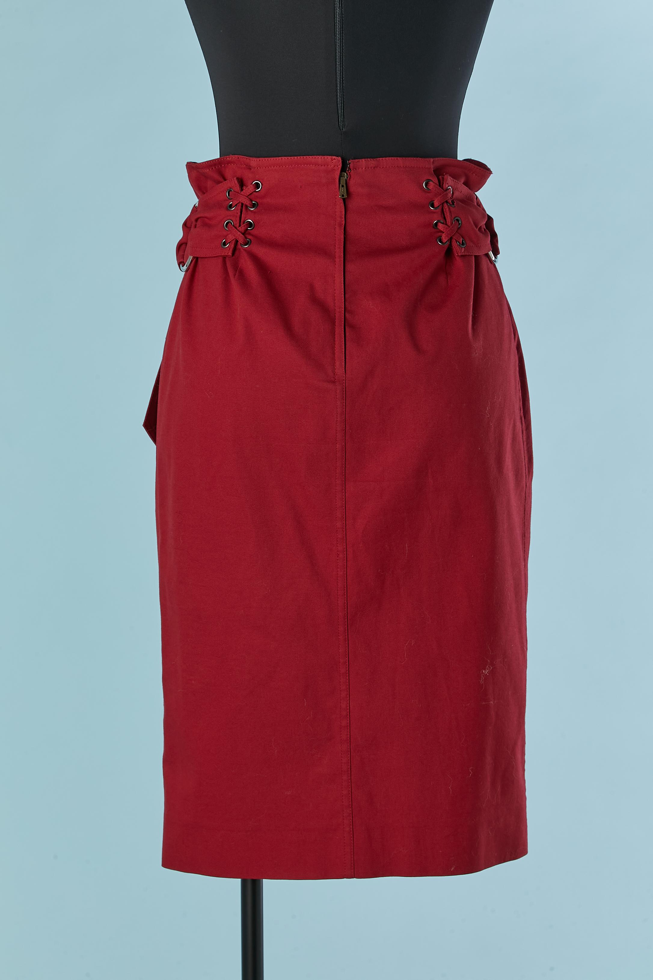 Ruby red cotton skirt with laces and belt Yves Saint Laurent  For Sale 2