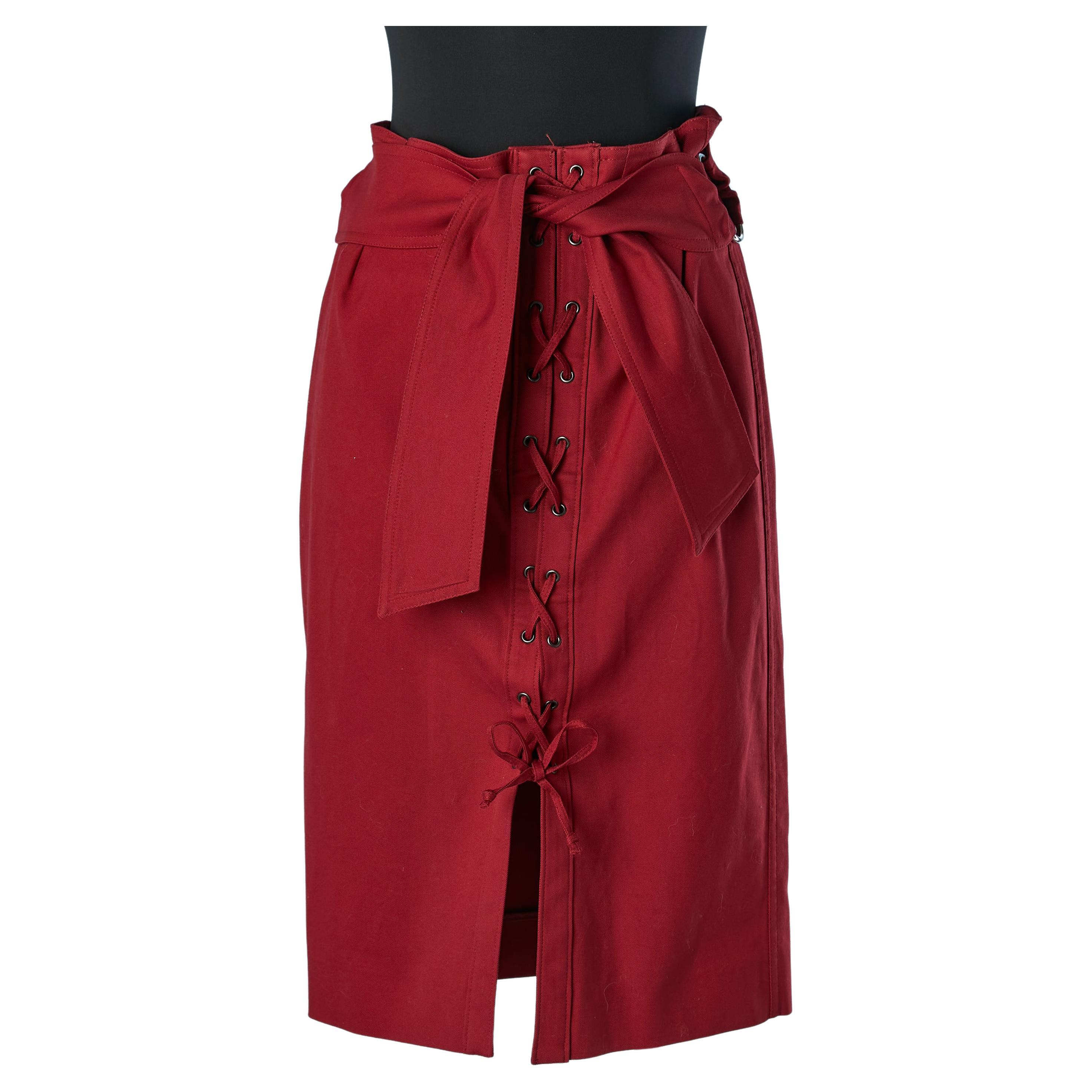Ruby red cotton skirt with laces and belt Yves Saint Laurent  For Sale