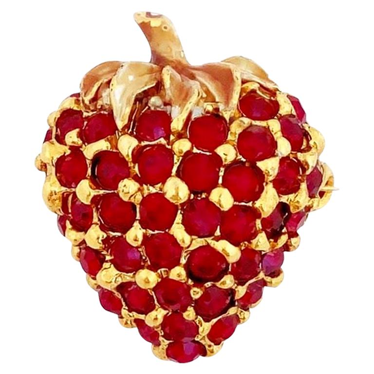 Ruby Red Crystal Pavé Strawberry Brooch By Ciner, 1960s