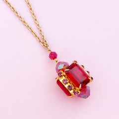 Ruby Red Emerald Cut Crystal Pendant Necklace w Aurora Borealis Accents, 1960s