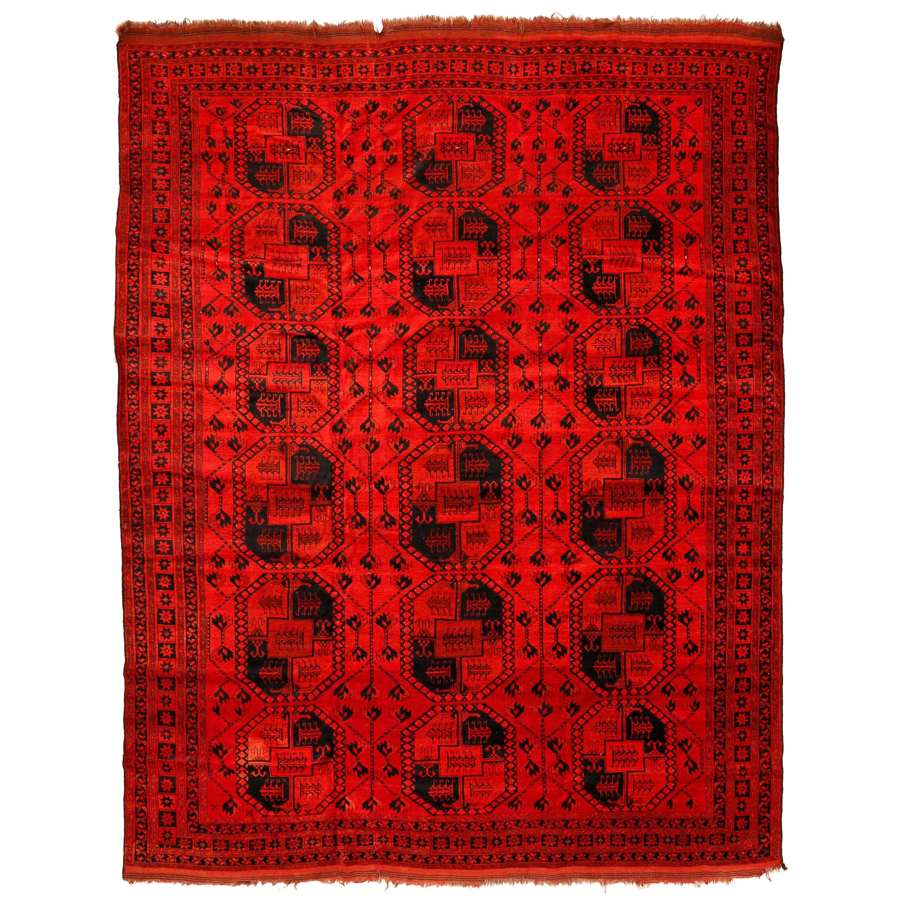 Ruby Red Ersari Turkmen Rug with All-Over Geometric Pattern, 1930s For Sale