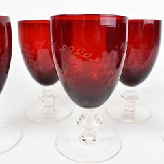 Ruby Red Etched Glass Stemmed Goblet Glasses with Grape Design