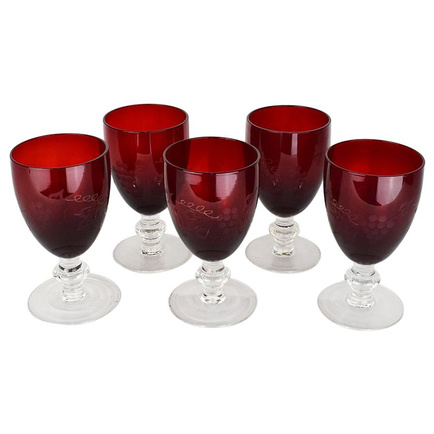 4 Clear Glass 12 Oz Wine/Water Goblets With Red & Purple Grapes & Vine Pattern 