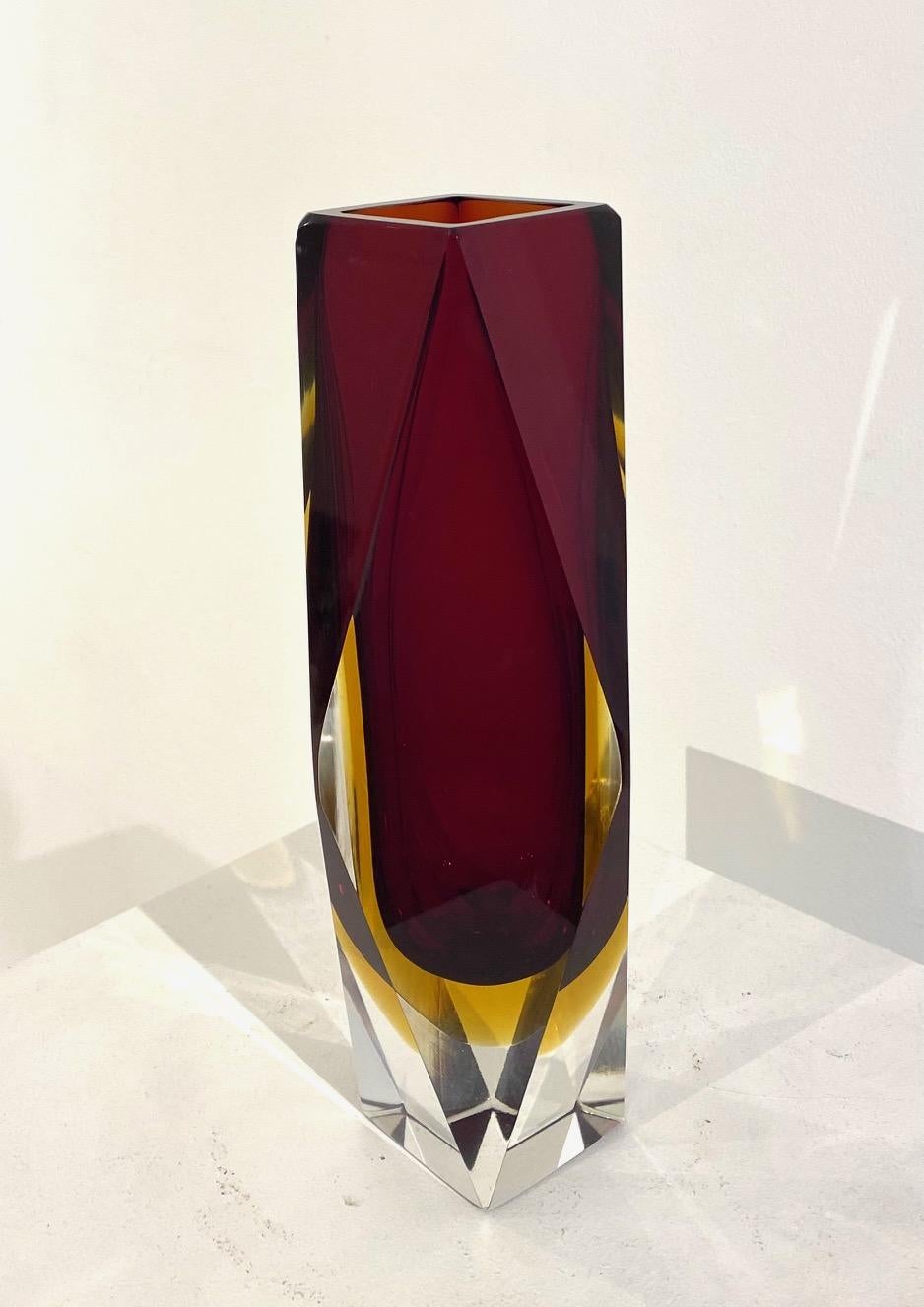 Italian Ruby Red  Faceted  Glass Vase Murano Sommerso  by Luigi  Mandruzzato For Sale