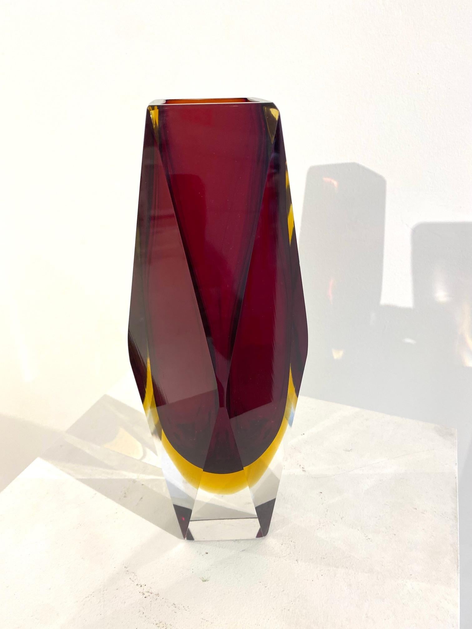 Late 20th Century Ruby Red  Faceted  Glass Vase Murano Sommerso  by Alessandro Mandruzzato  For Sale