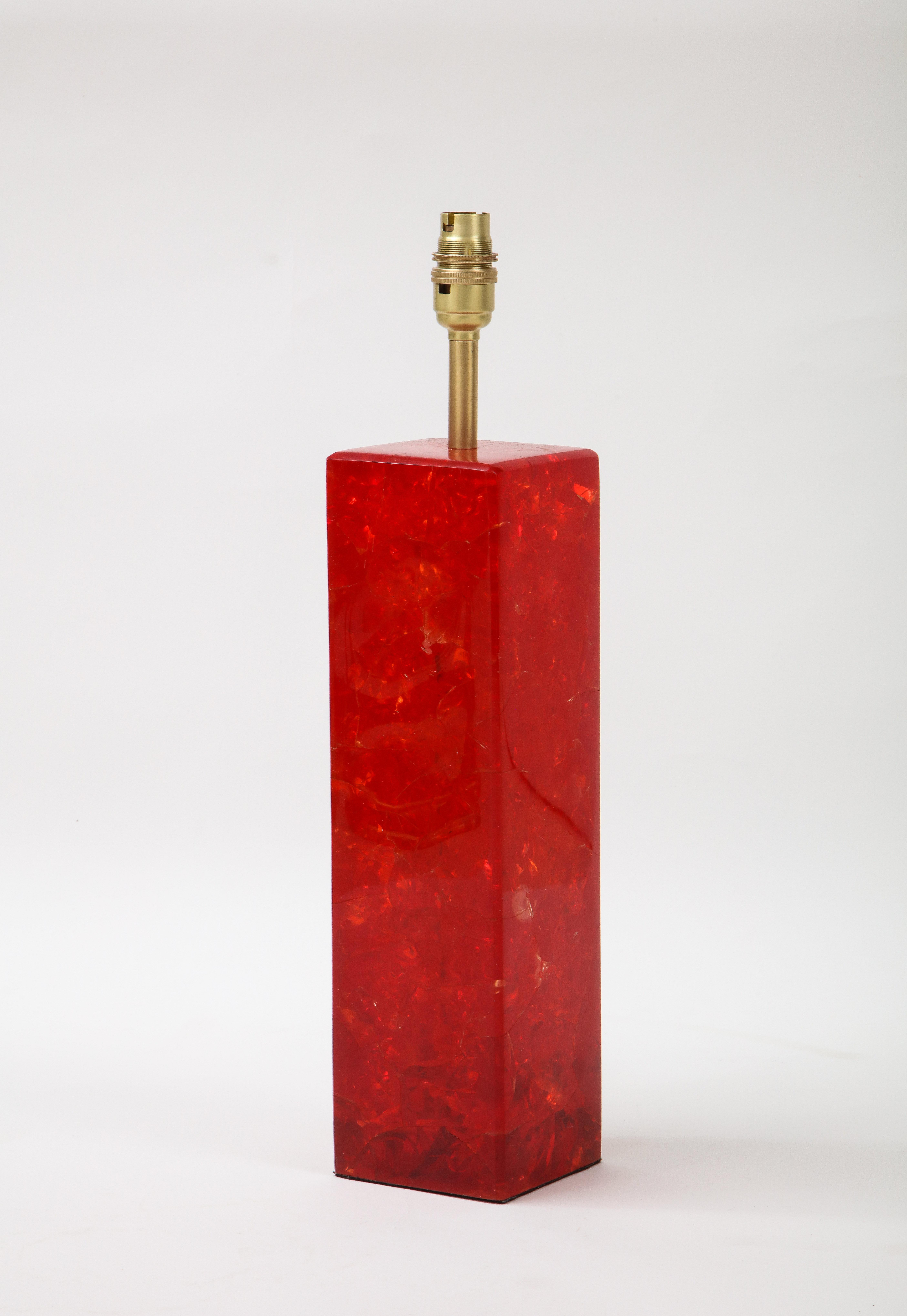 French Mid Century rectangular column lamp in ruby red fractal resin. Rewired for use in the USA.