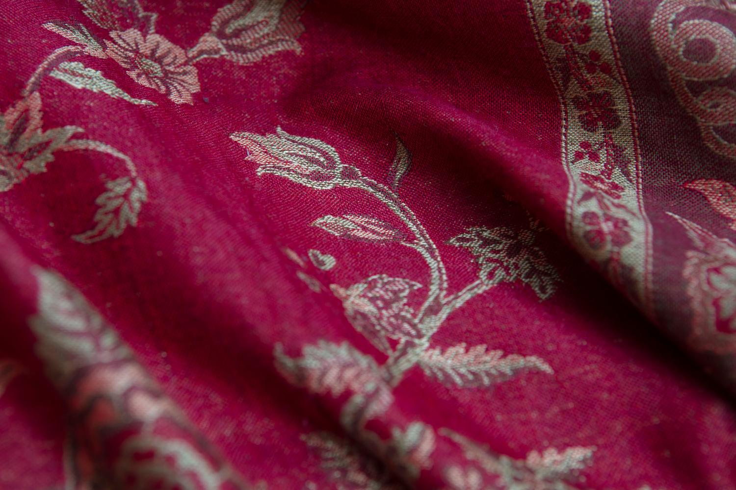 Fine example of a richly colored unique handwoven cashmere pashmina. Created in the historic region of Kashmir India, high in the Himalayas, where the Pashmina goats range and grow this famously soft and warm wool is gathered gently by the herders,
