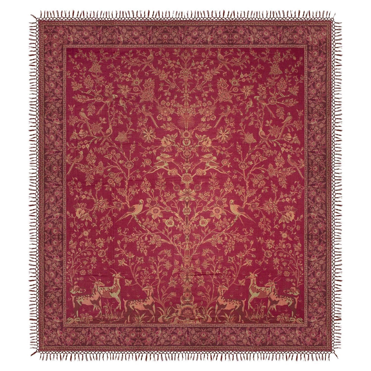 Ruby Red from Kashmir, a Cashmere Pashmina Tree of Life Coverlet or Shawl