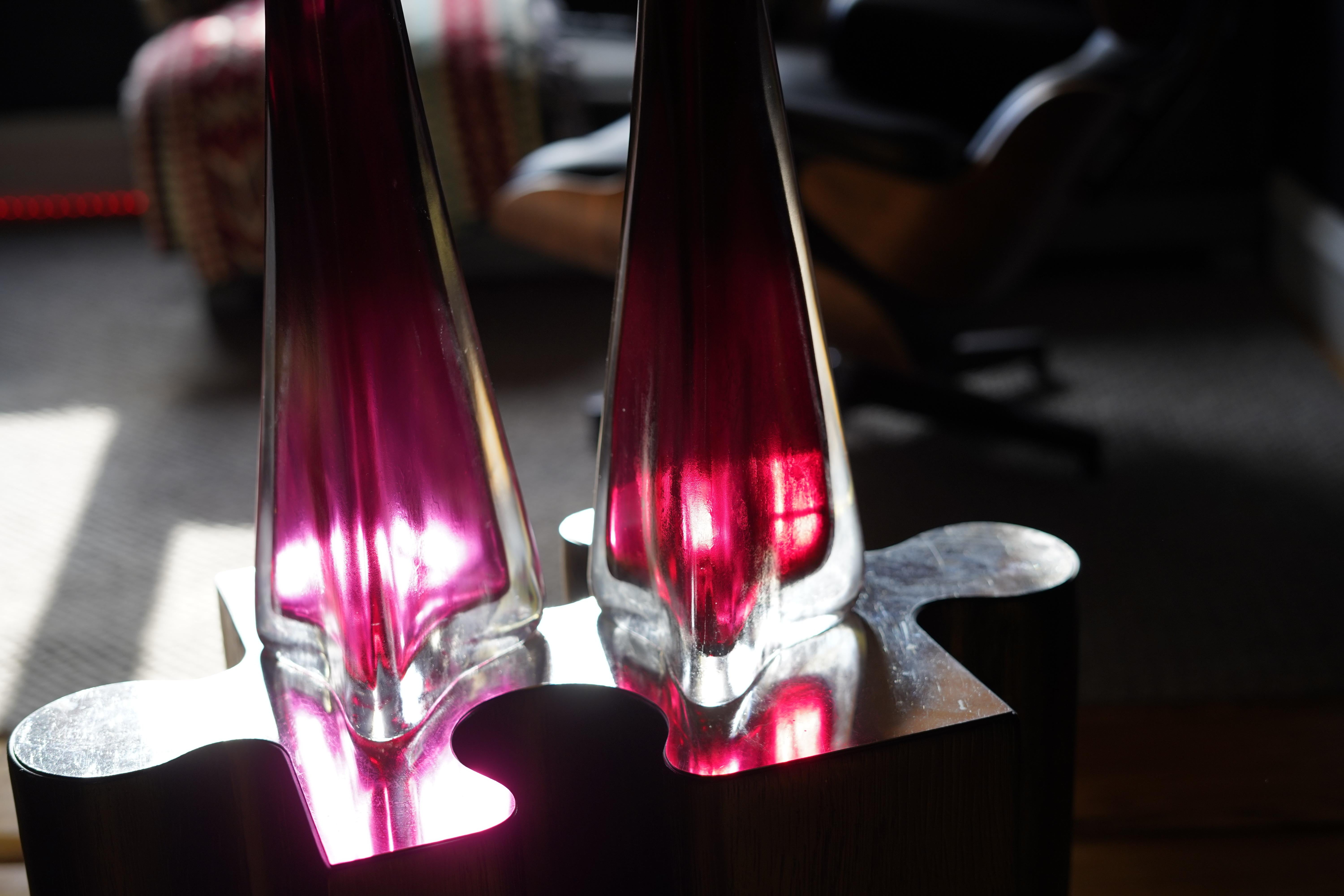 Mid-Century Modern Ruby Red Frosted Triangular Orrefors Lamps, Sweden 1950 For Sale