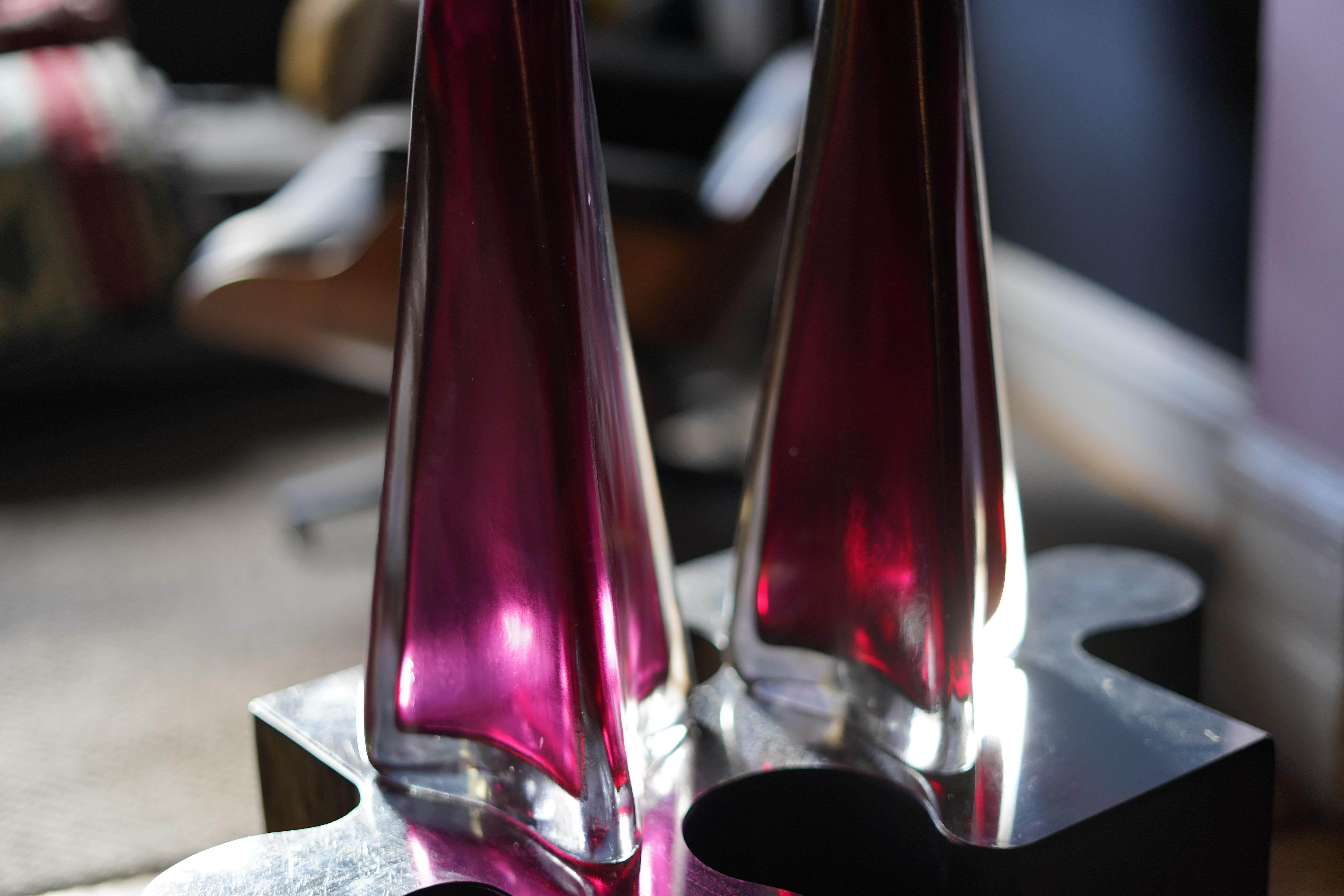 20th Century Ruby Red Frosted Triangular Orrefors Lamps, Sweden 1950 For Sale