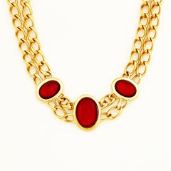 Ruby Red Glass Cabochon and Double Chain "Milano Collection" Necklace by Napier