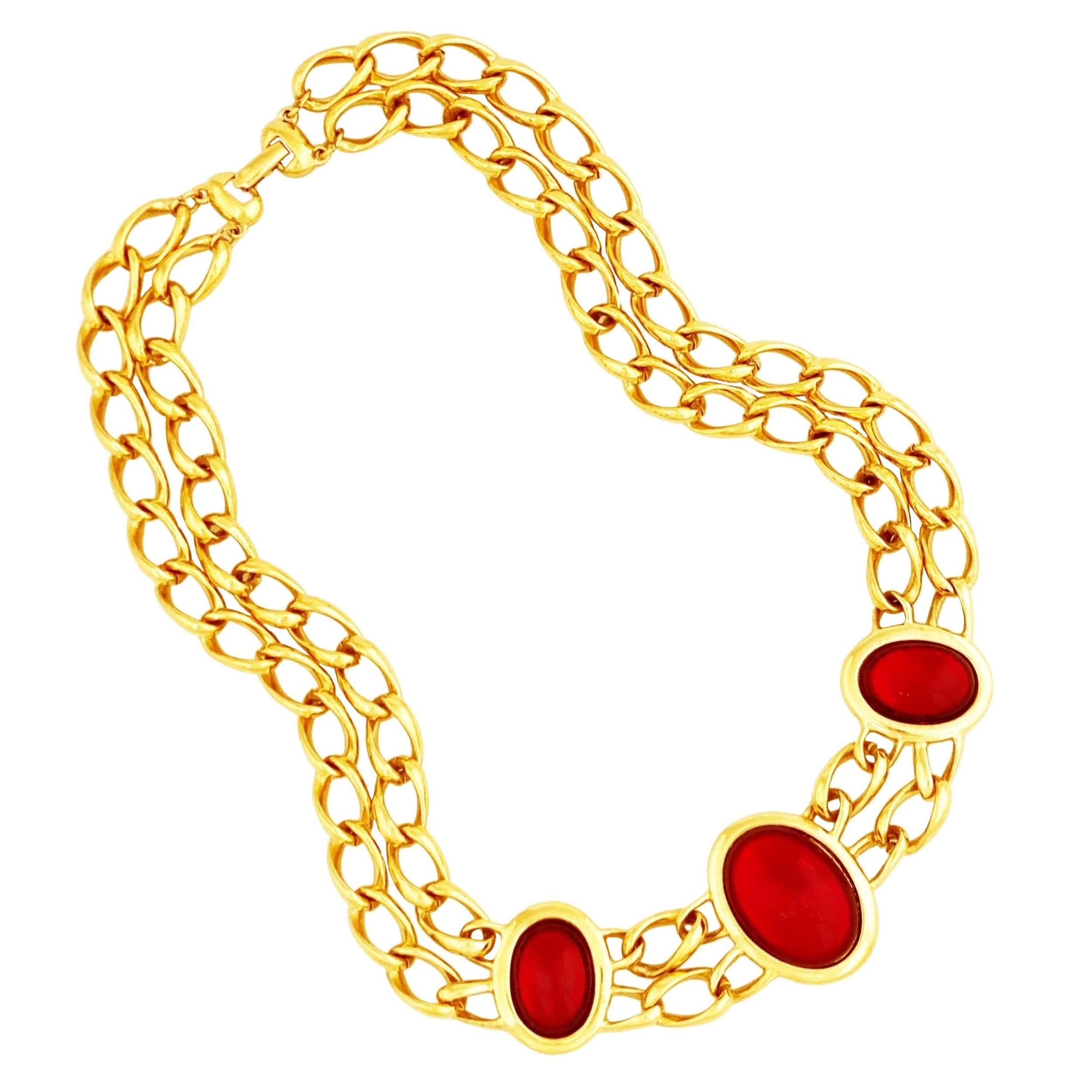 Ruby Red Glass Cabochon and Double Chain "Milano Collection" Necklace by Napier