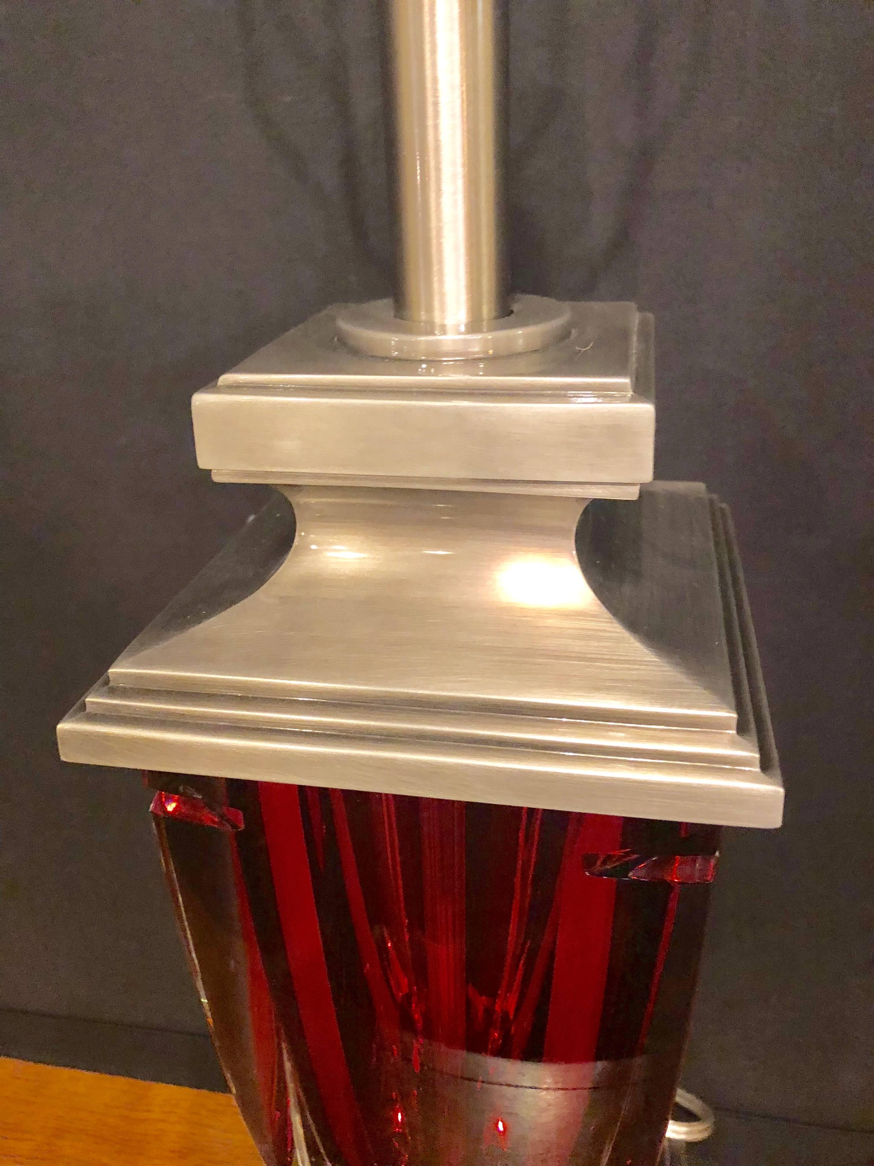 French Ruby Red Glass Signed Waterford Table Lamp
