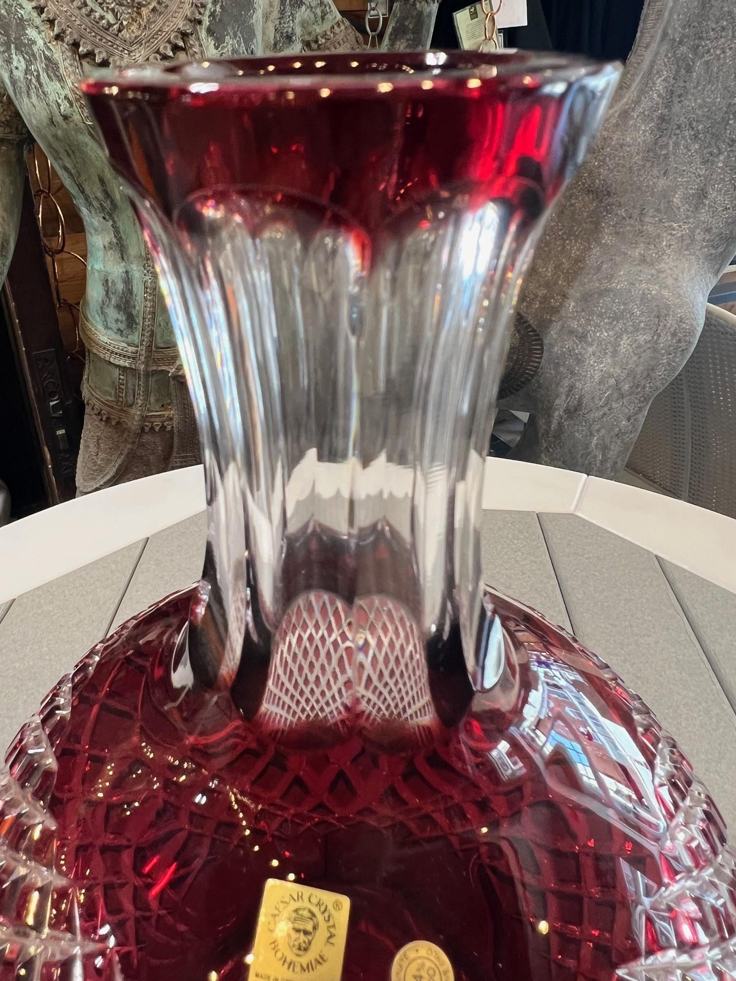 Ruby Red Hand Cut Lead Crystal Vase by Caesar Crystal Bohemiae Co.Czech Republic For Sale 6