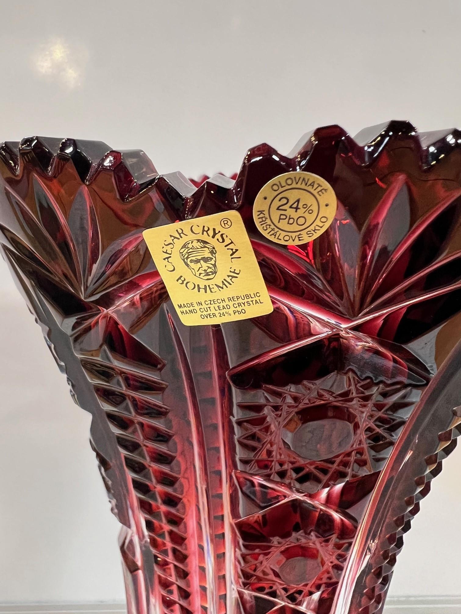 Ruby Red Hand Cut Lead Crystal Vase by Caesar Crystal Bohemiae Co.Czech Republic For Sale 7