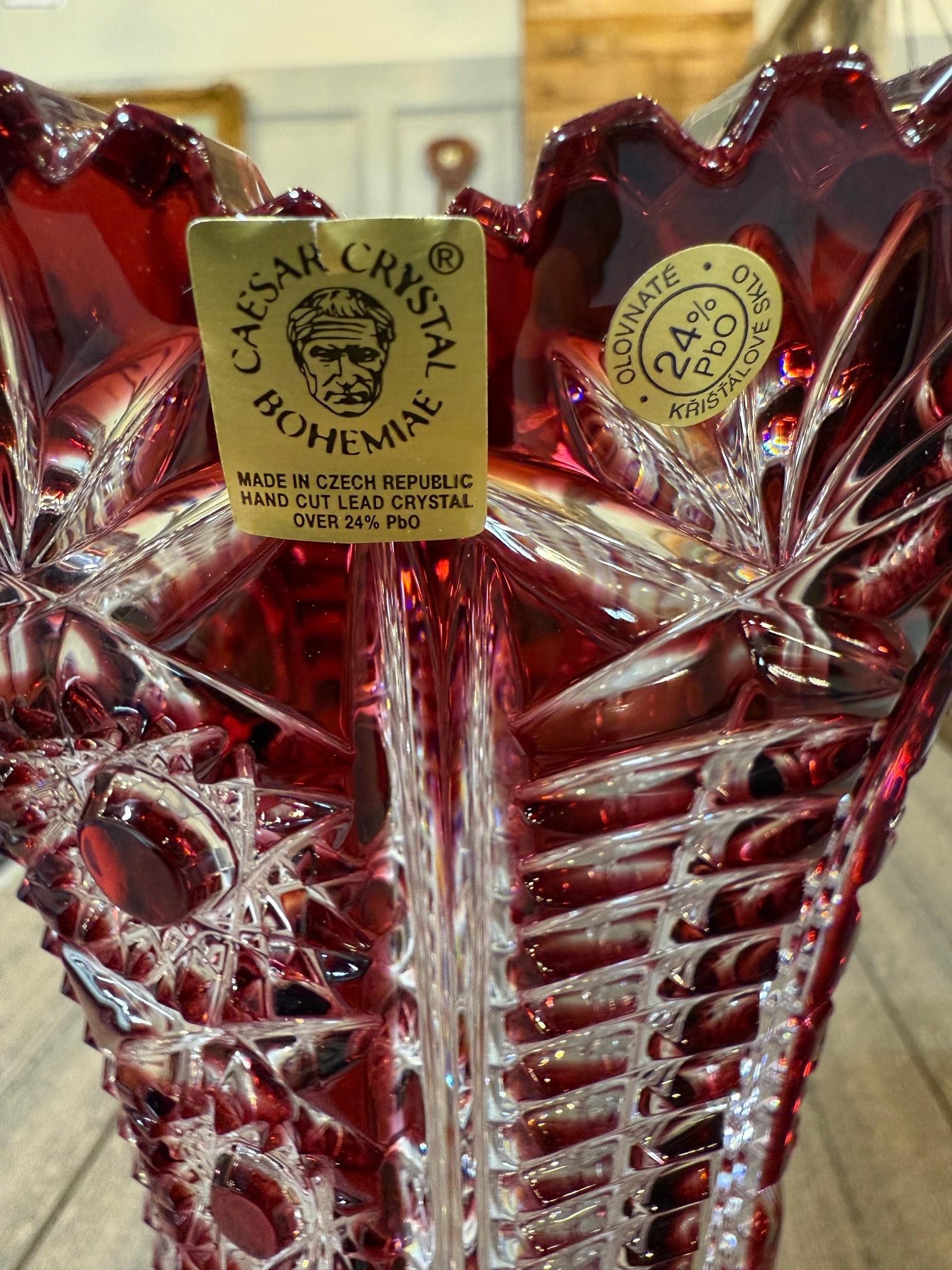 Ruby Red Hand Cut Lead Crystal Vase by Caesar Crystal Bohemiae Co.Czech Republic For Sale 9
