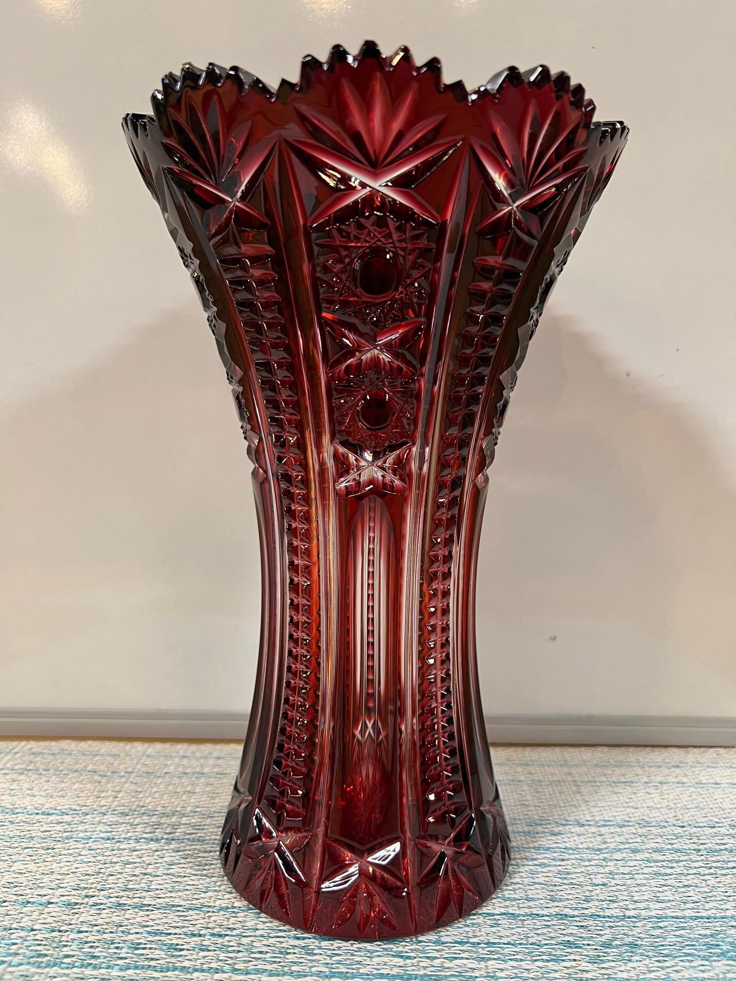 Ruby Red Hand Cut Lead Crystal Vase by Caesar Crystal Bohemiae Co.Czech Republic In Excellent Condition For Sale In Stamford, CT