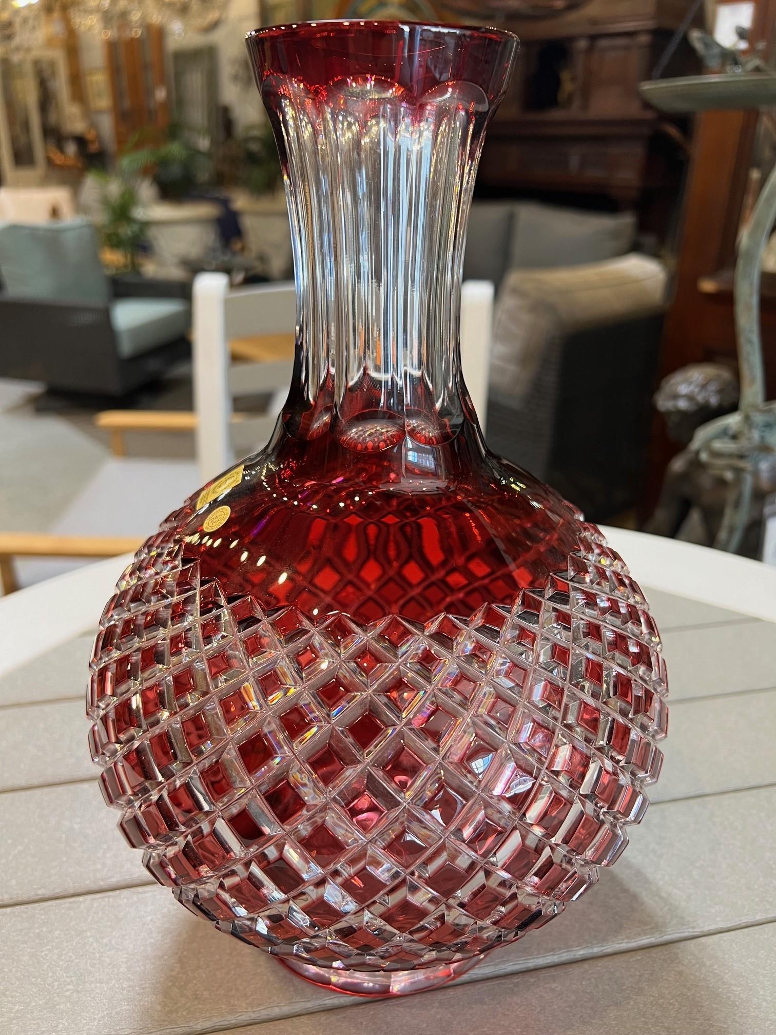 Ruby Red Hand Cut Lead Crystal Vase by Caesar Crystal Bohemiae Co.Czech Republic In Excellent Condition For Sale In Stamford, CT