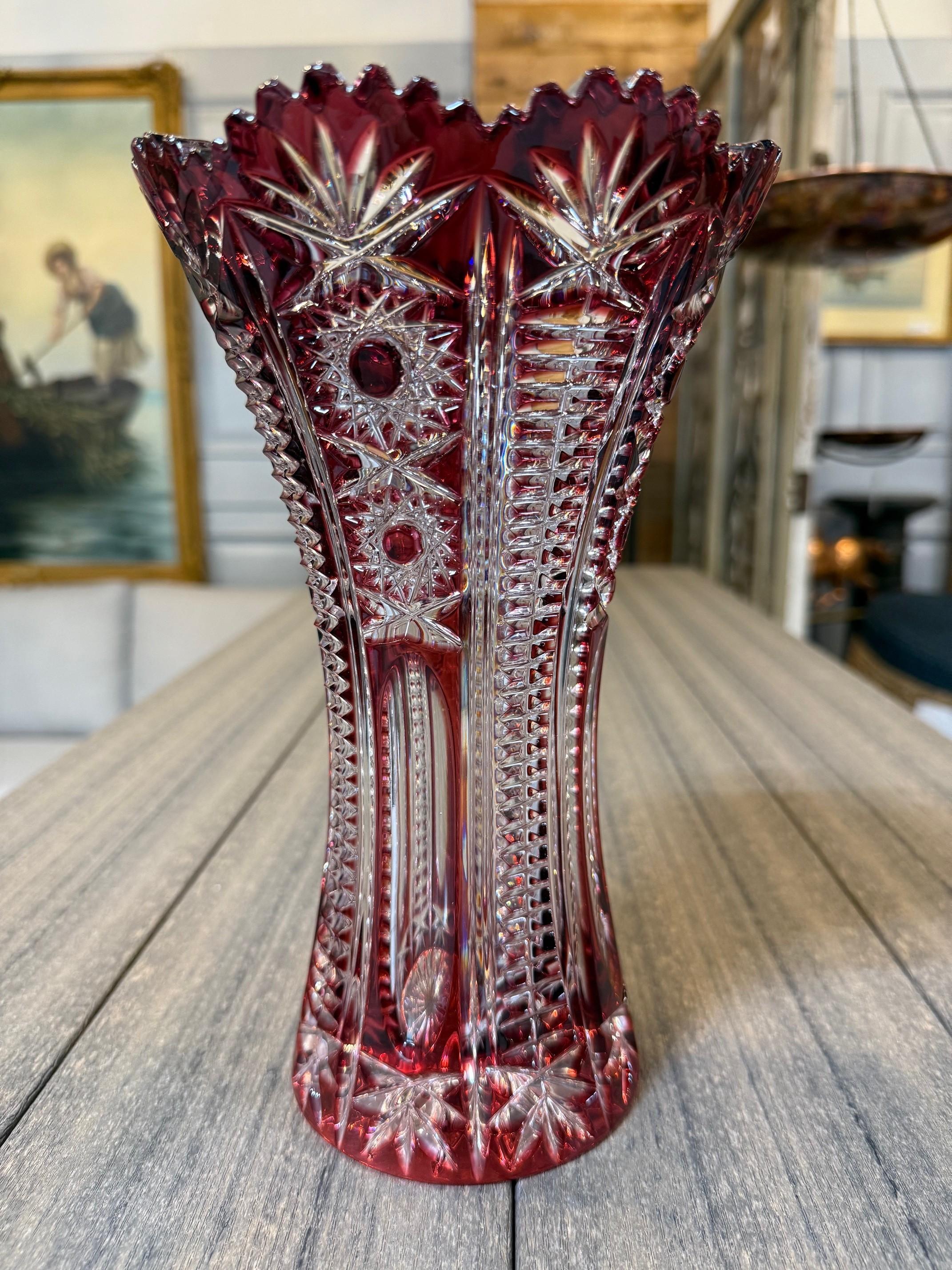 Ruby Red Hand Cut Lead Crystal Vase by Caesar Crystal Bohemiae Co.Czech Republic In Excellent Condition For Sale In Stamford, CT