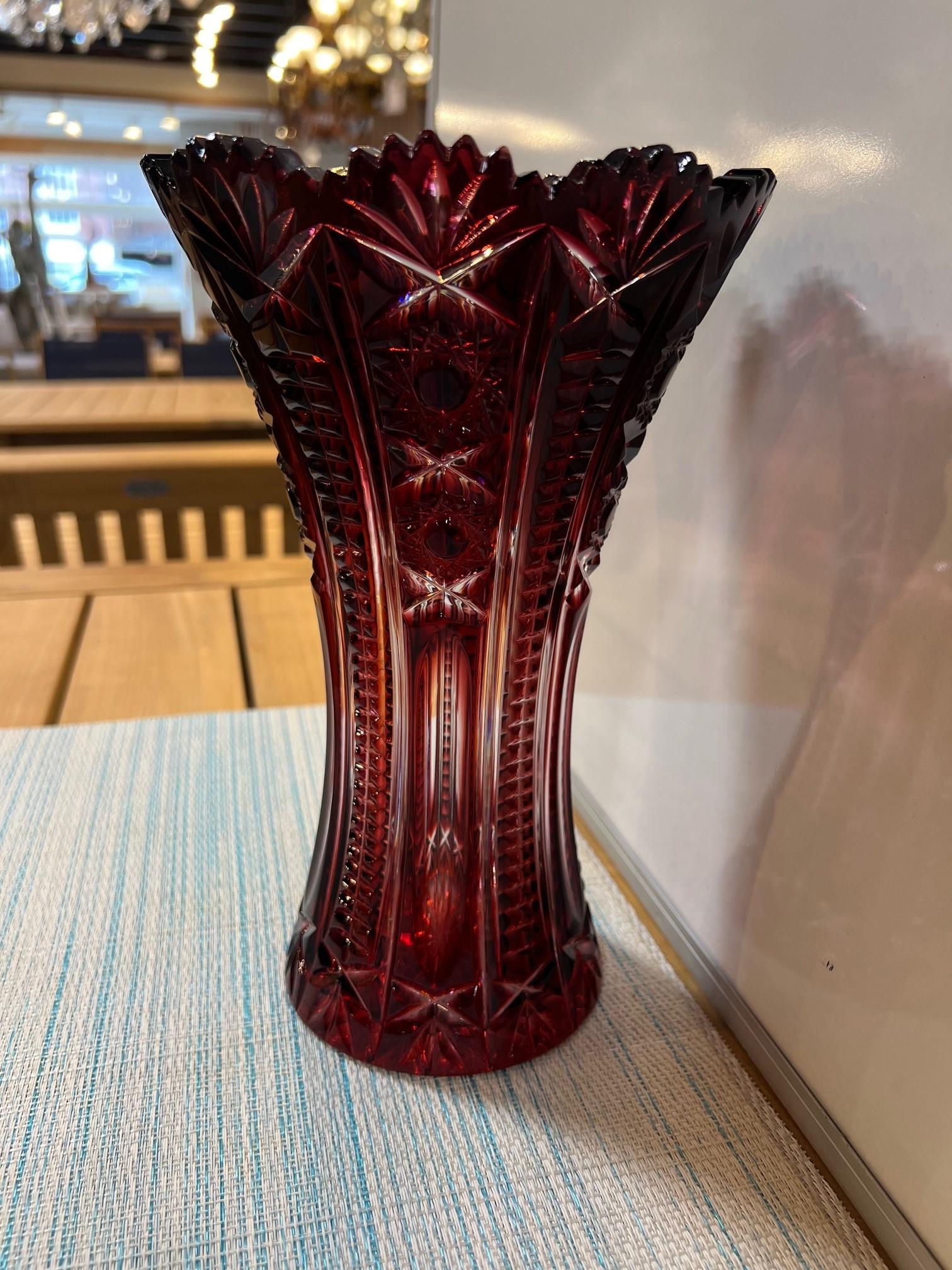 20th Century Ruby Red Hand Cut Lead Crystal Vase by Caesar Crystal Bohemiae Co.Czech Republic For Sale