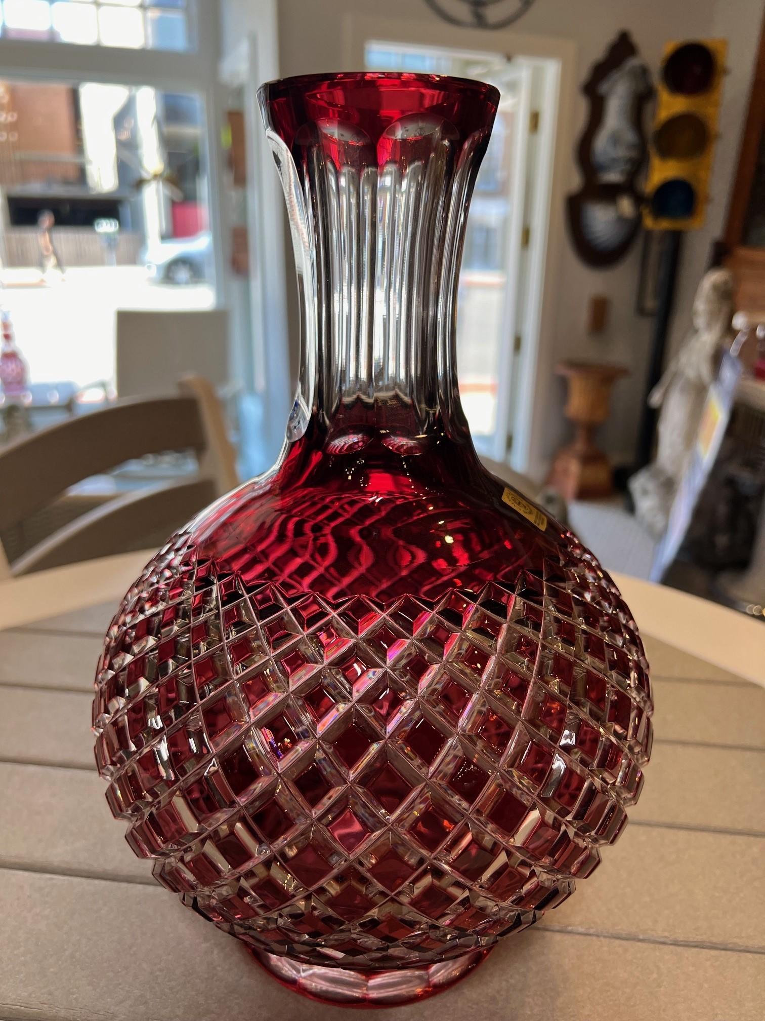 20th Century Ruby Red Hand Cut Lead Crystal Vase by Caesar Crystal Bohemiae Co.Czech Republic For Sale