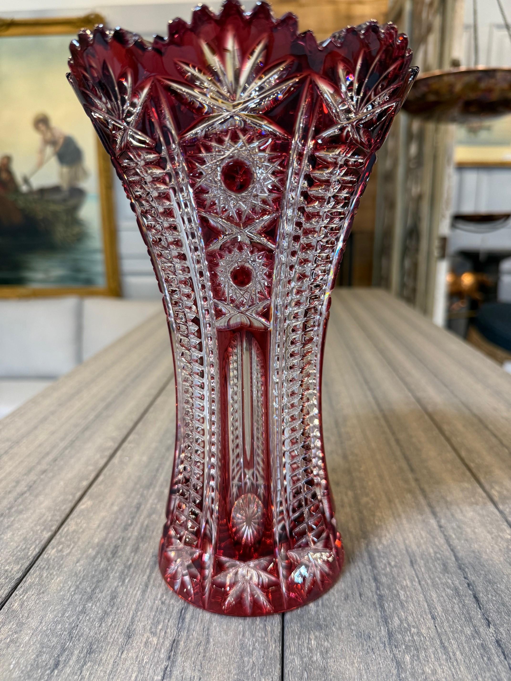 20th Century Ruby Red Hand Cut Lead Crystal Vase by Caesar Crystal Bohemiae Co.Czech Republic For Sale
