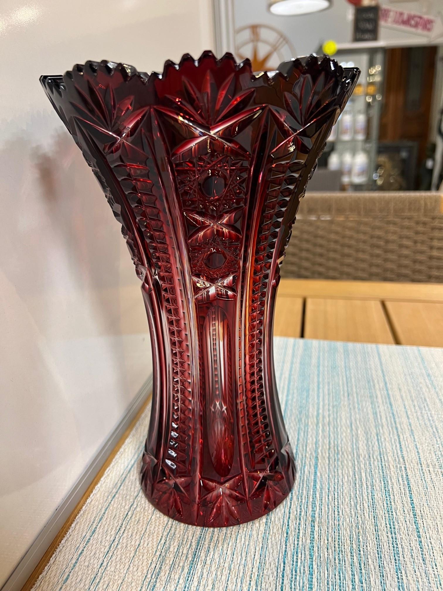 Ruby Red Hand Cut Lead Crystal Vase by Caesar Crystal Bohemiae Co.Czech Republic For Sale 1