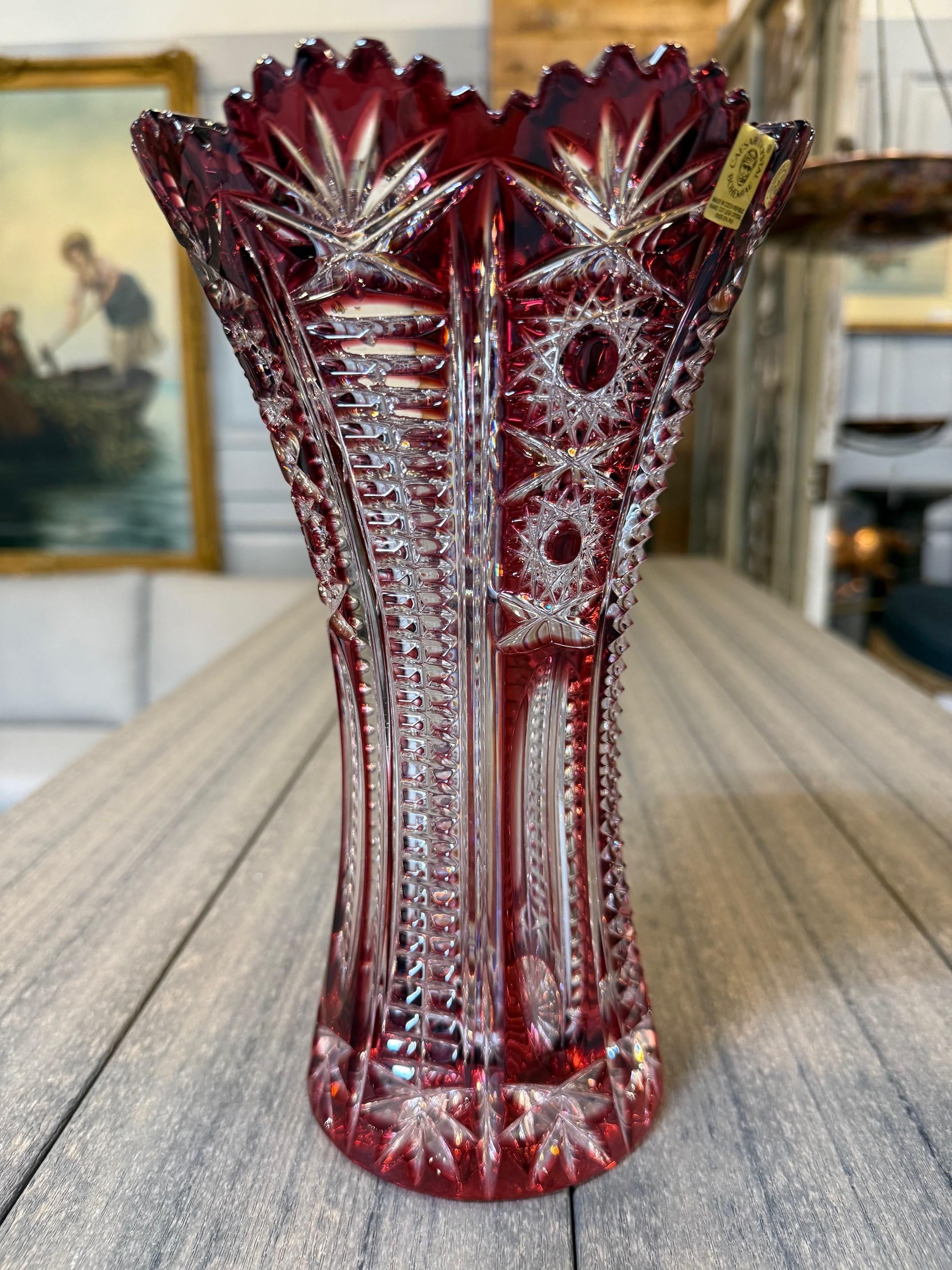 Ruby Red Hand Cut Lead Crystal Vase by Caesar Crystal Bohemiae Co.Czech Republic For Sale 1