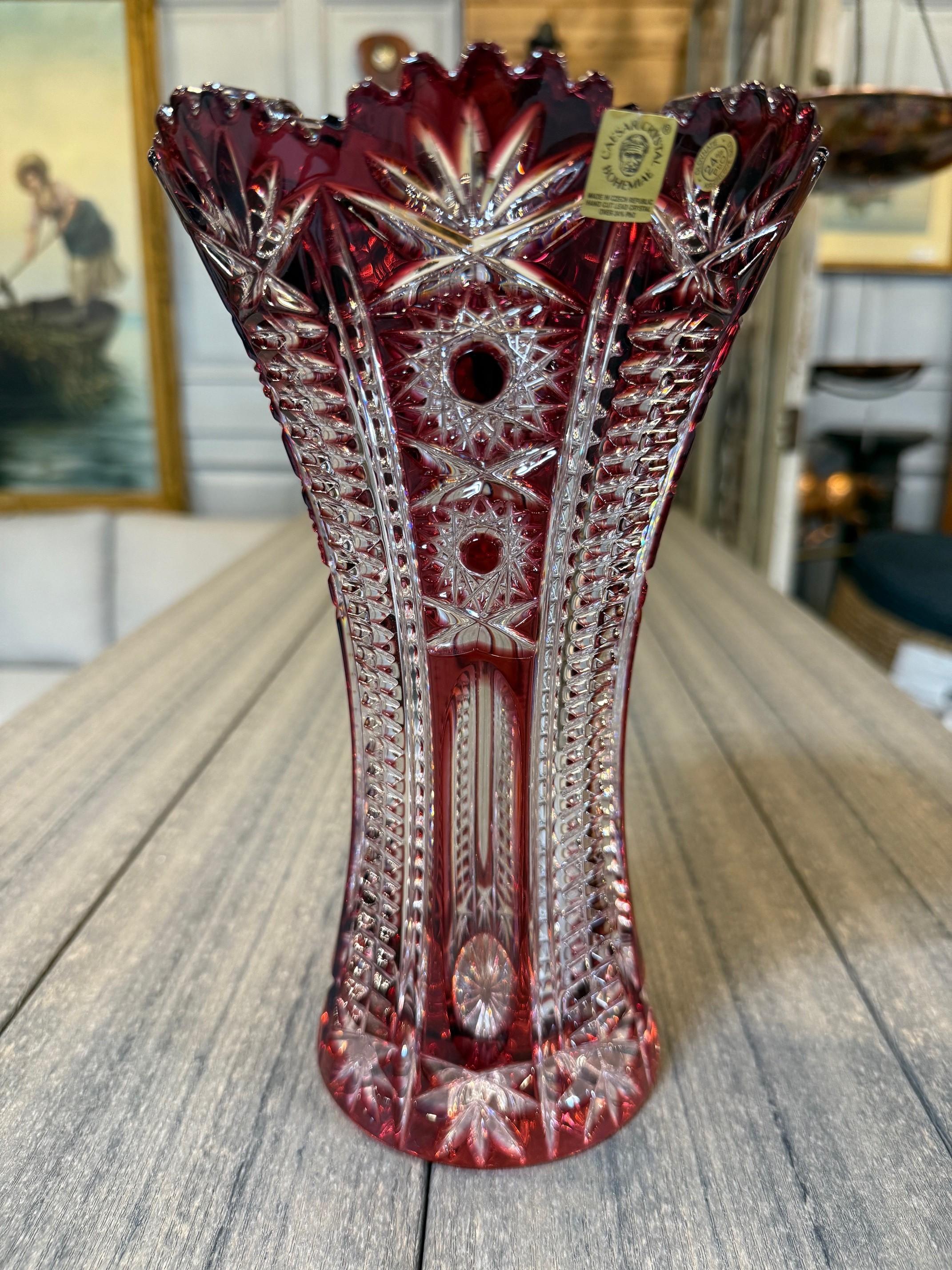 Ruby Red Hand Cut Lead Crystal Vase by Caesar Crystal Bohemiae Co.Czech Republic For Sale 2