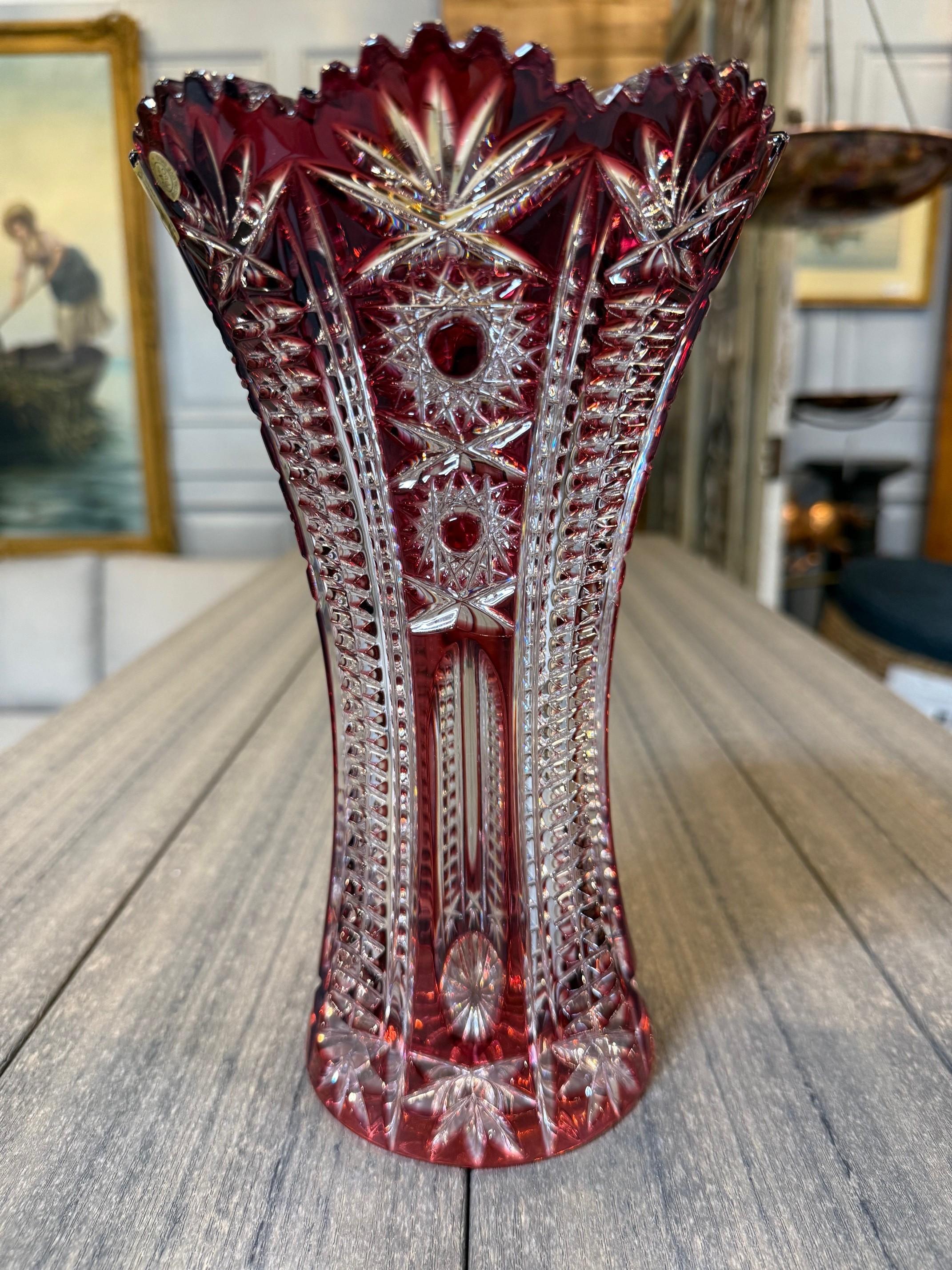 Ruby Red Hand Cut Lead Crystal Vase by Caesar Crystal Bohemiae Co.Czech Republic For Sale 4