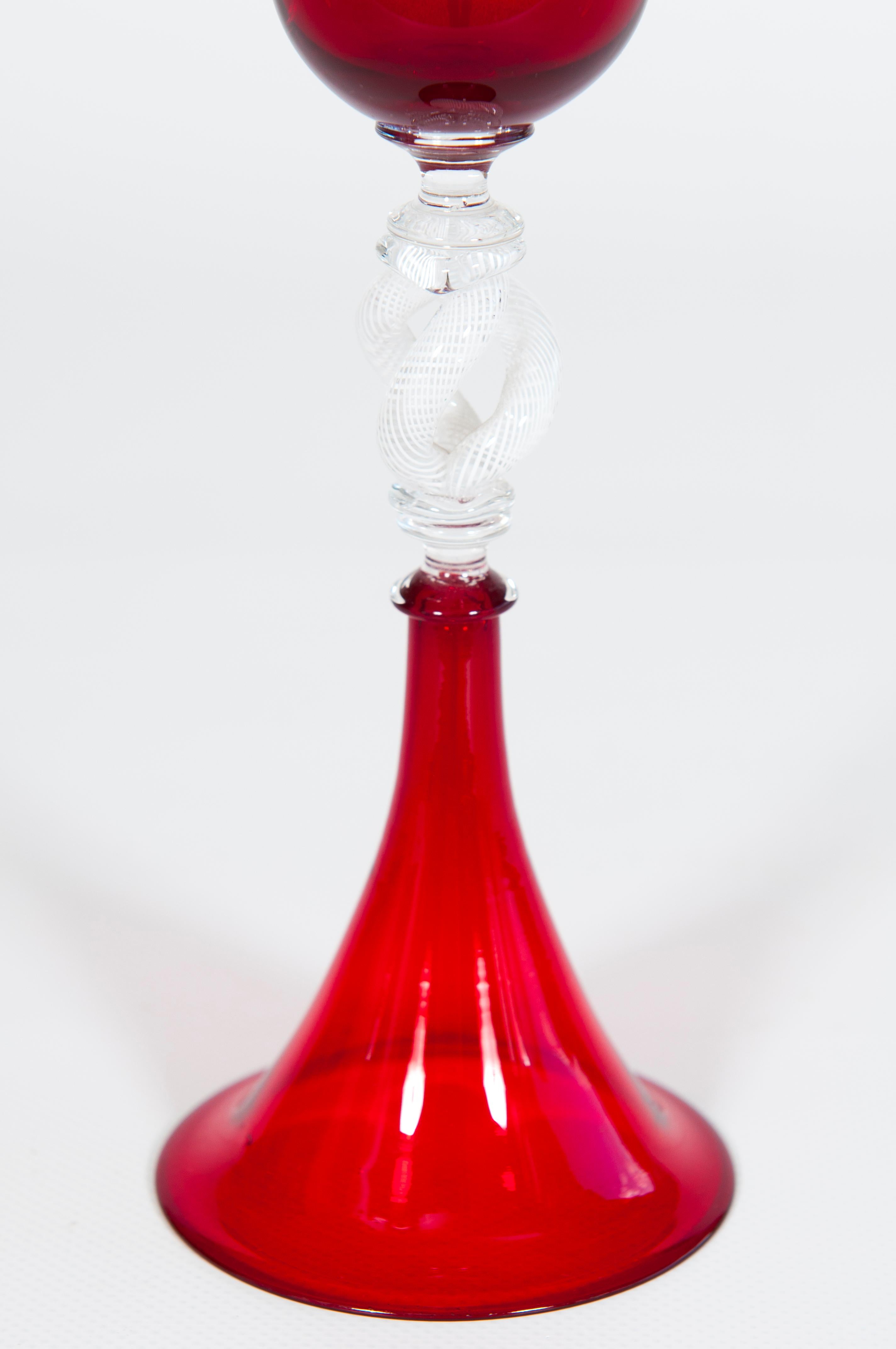 Ruby Red Murano Glass Chalice with Intricate White Net Stem, Italy, Circa 1980s For Sale 9