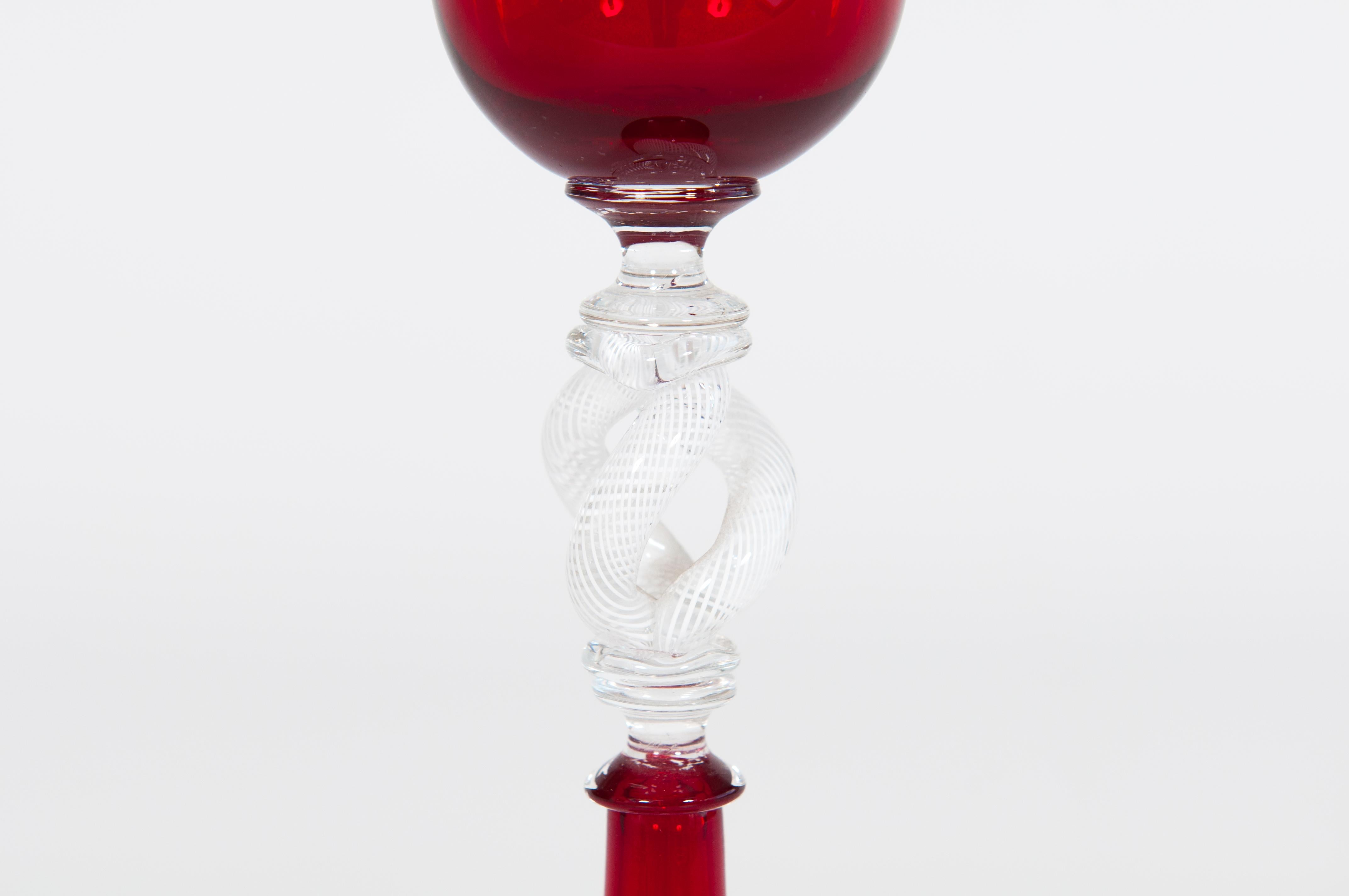 Hand-Crafted Ruby Red Murano Glass Chalice with Intricate White Net Stem, Italy, Circa 1980s For Sale