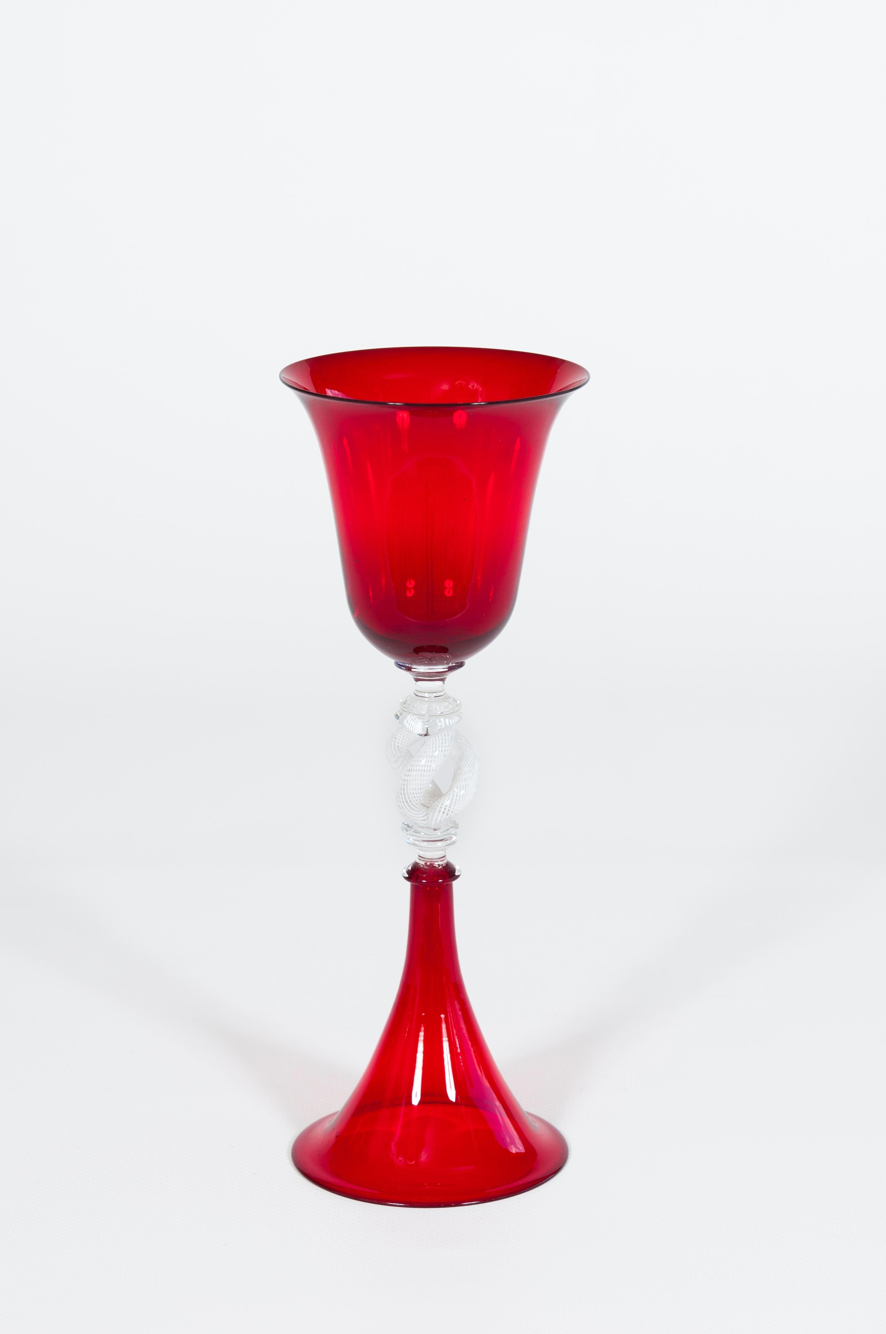 Late 20th Century Ruby Red Murano Glass Chalice with Intricate White Net Stem, Italy, Circa 1980s For Sale