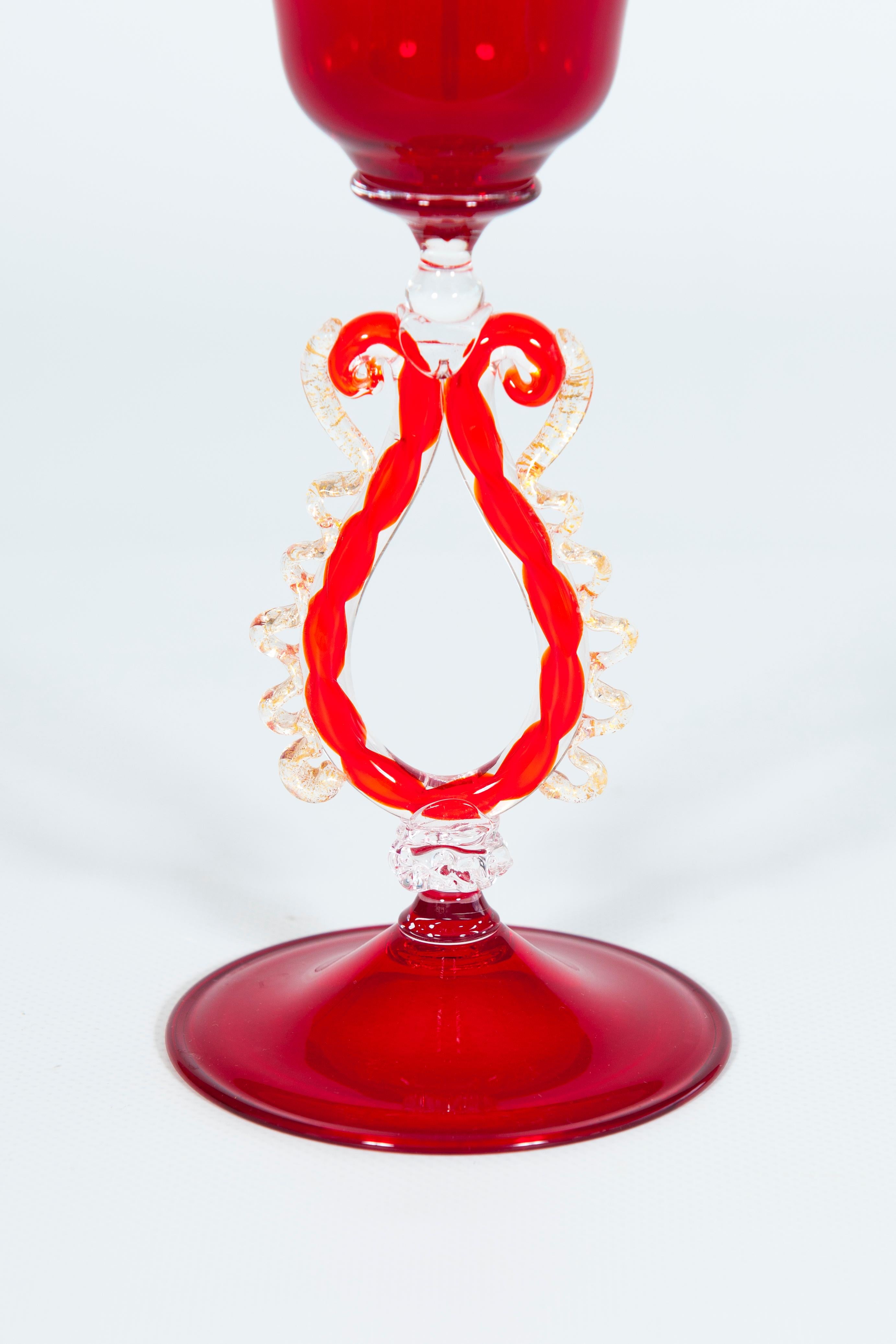 Ruby Red Murano Glass Goblet with Intricate Applied Scrolls and Gilded Detailing For Sale 3