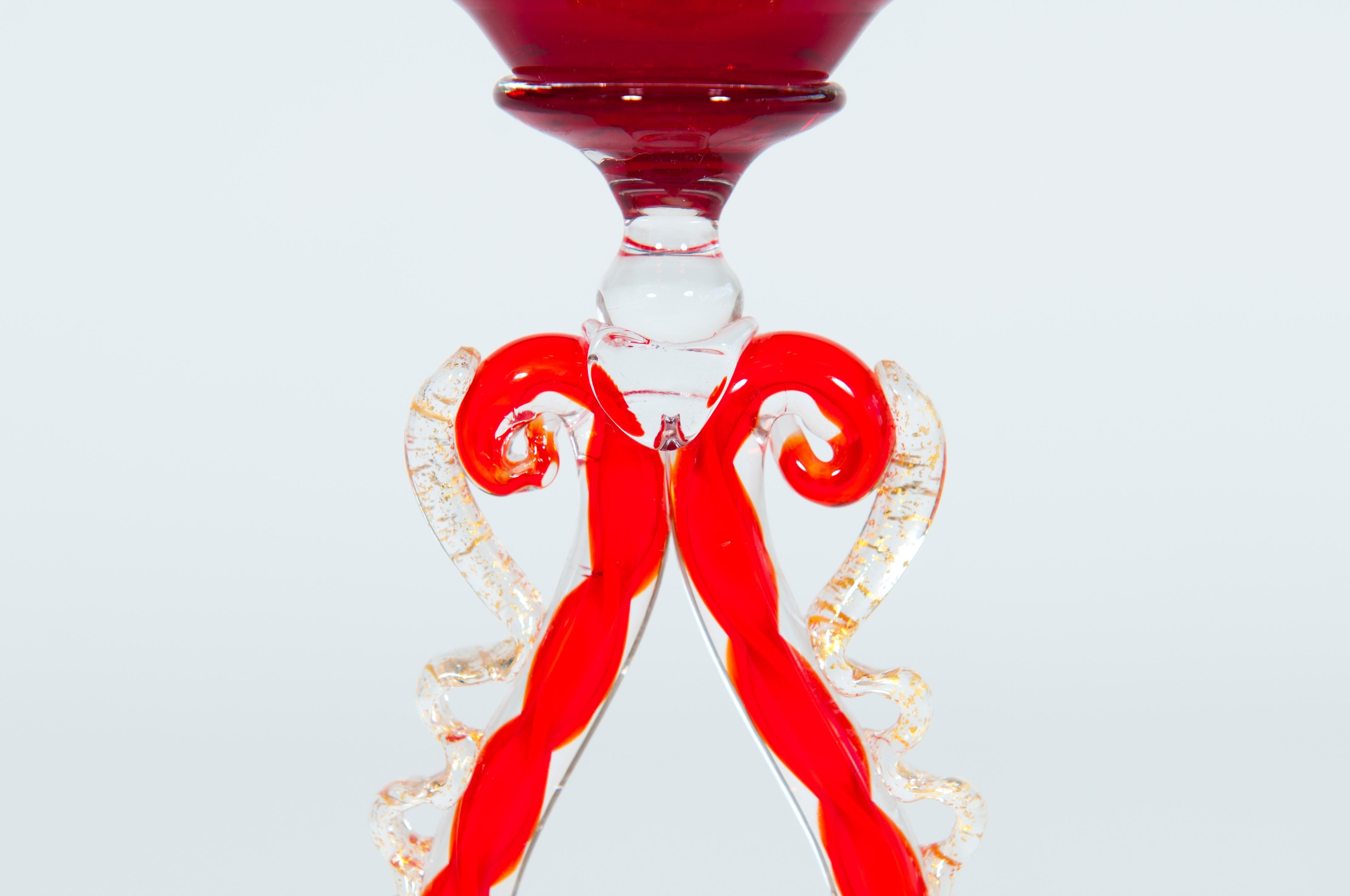 Ruby Red Murano Glass Goblet with Intricate Applied Scrolls and Gilded Detailing For Sale 5