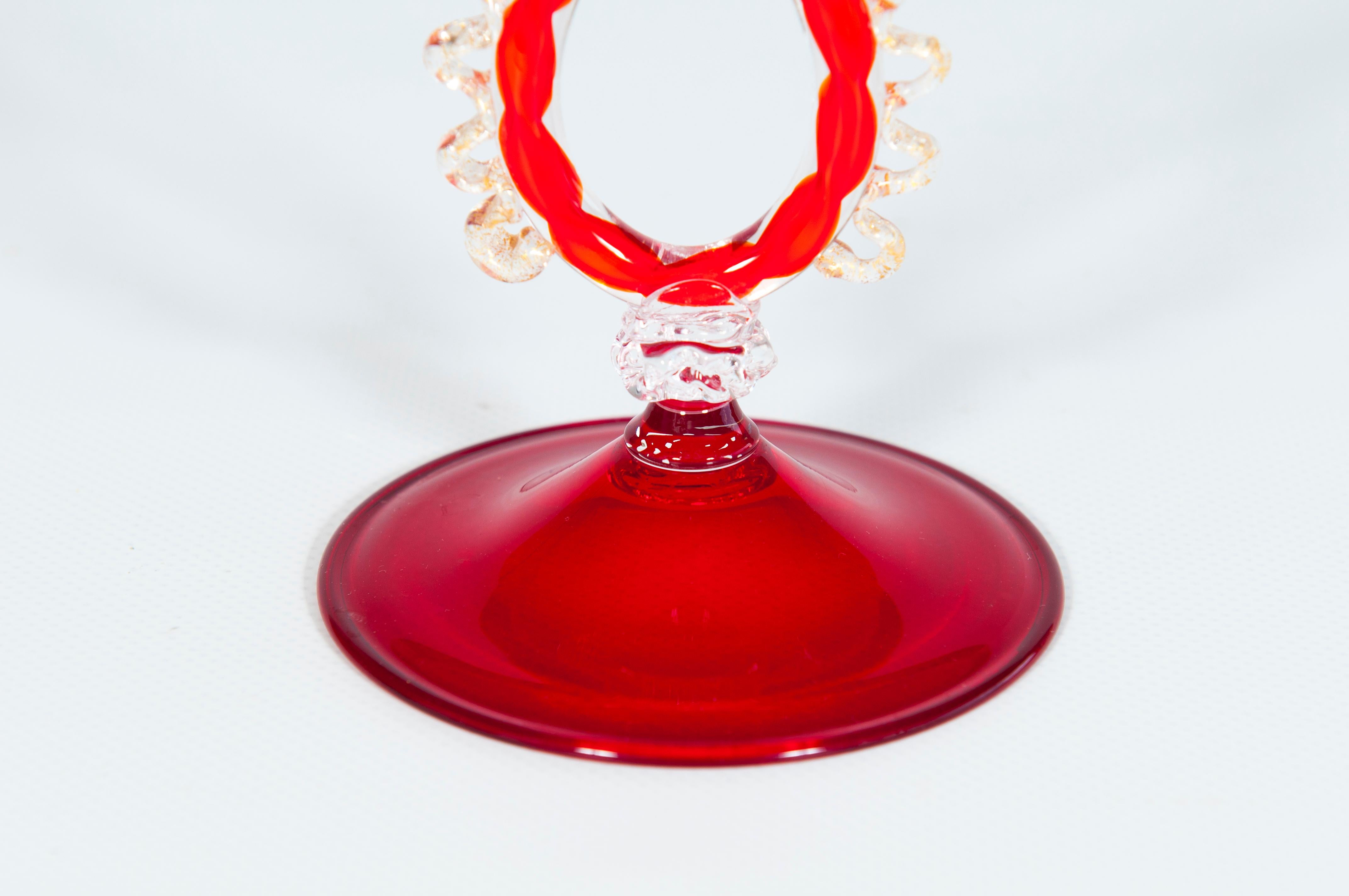 Hand-Crafted Ruby Red Murano Glass Goblet with Intricate Applied Scrolls and Gilded Detailing For Sale