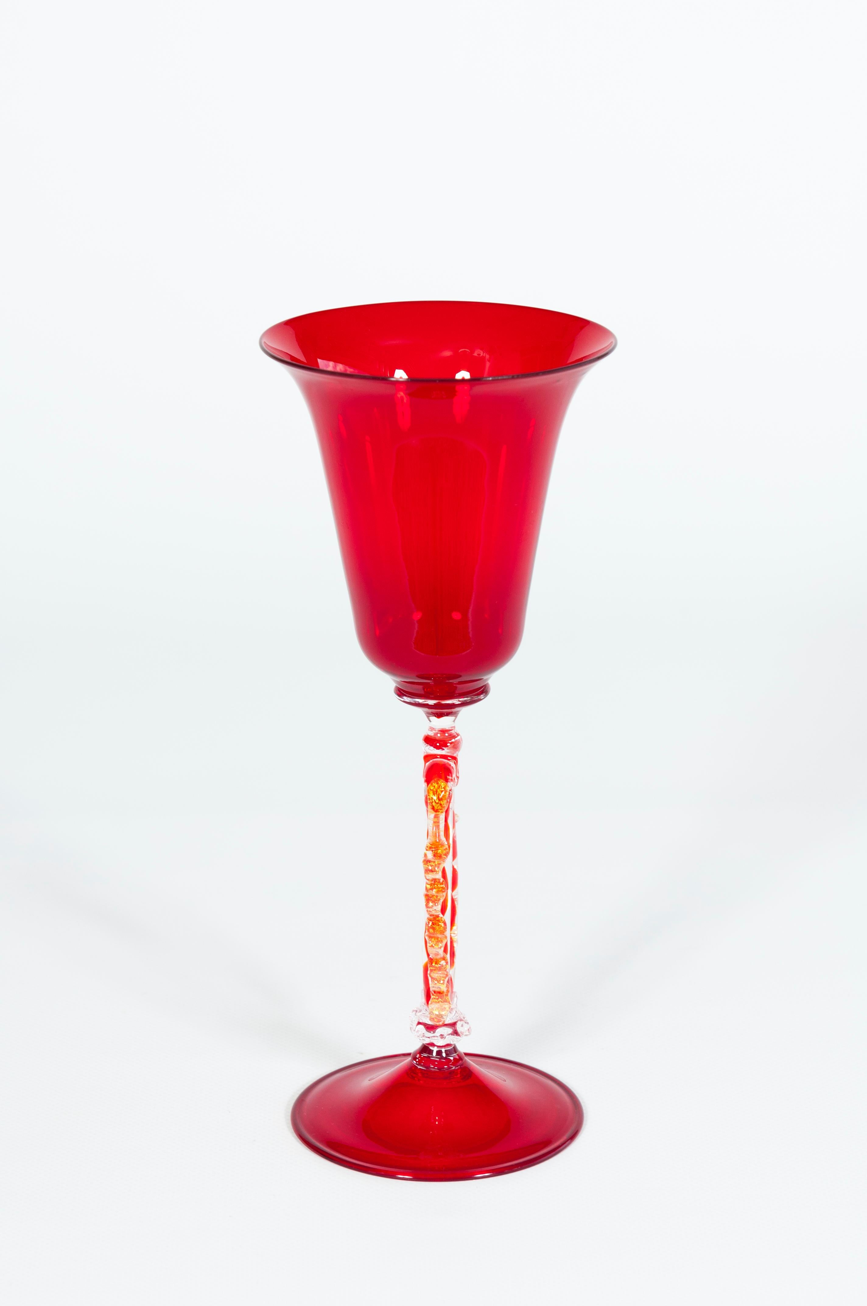 Gold Ruby Red Murano Glass Goblet with Intricate Applied Scrolls and Gilded Detailing For Sale