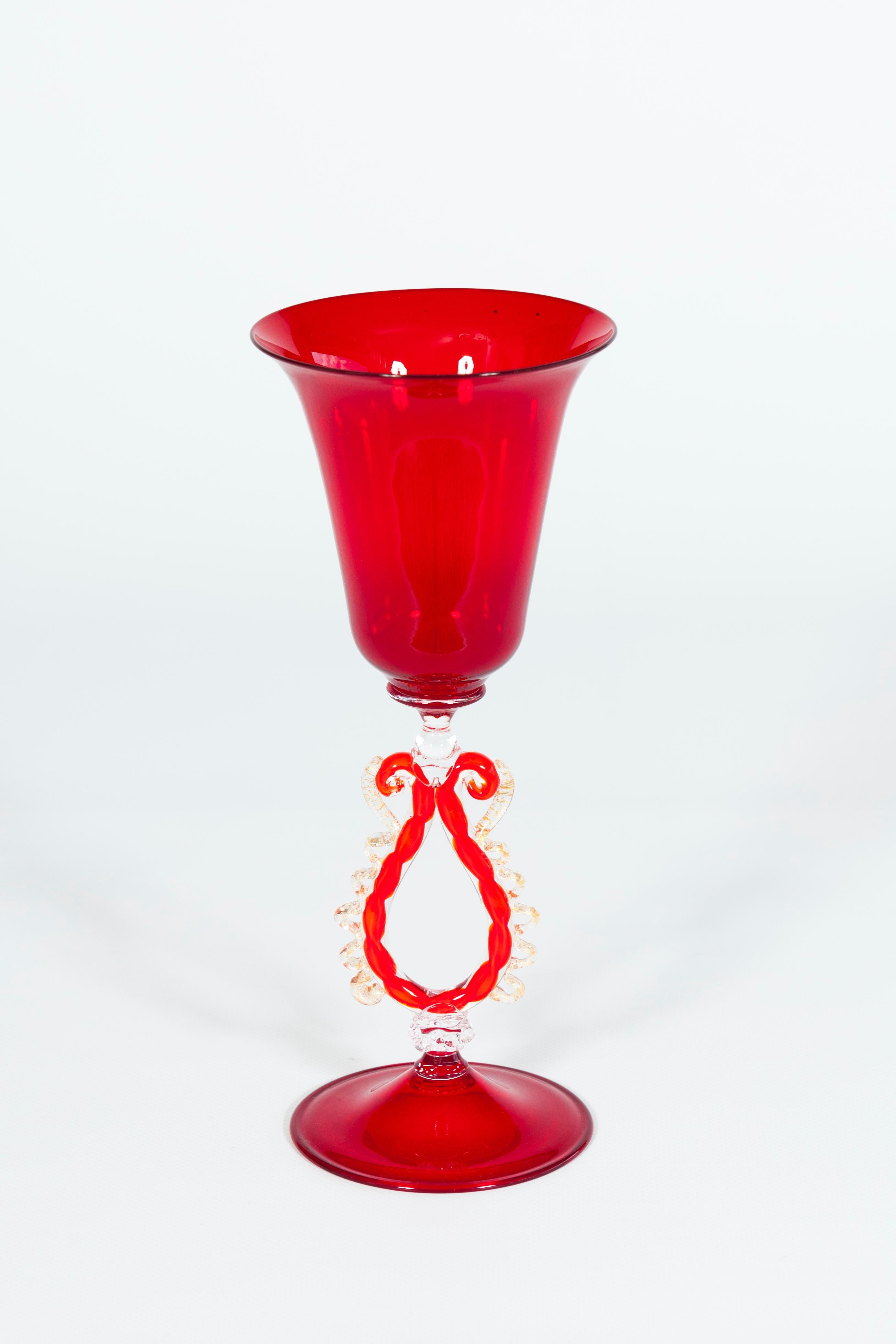 Ruby Red Murano Glass Goblet with Intricate Applied Scrolls and Gilded Detailing For Sale 1