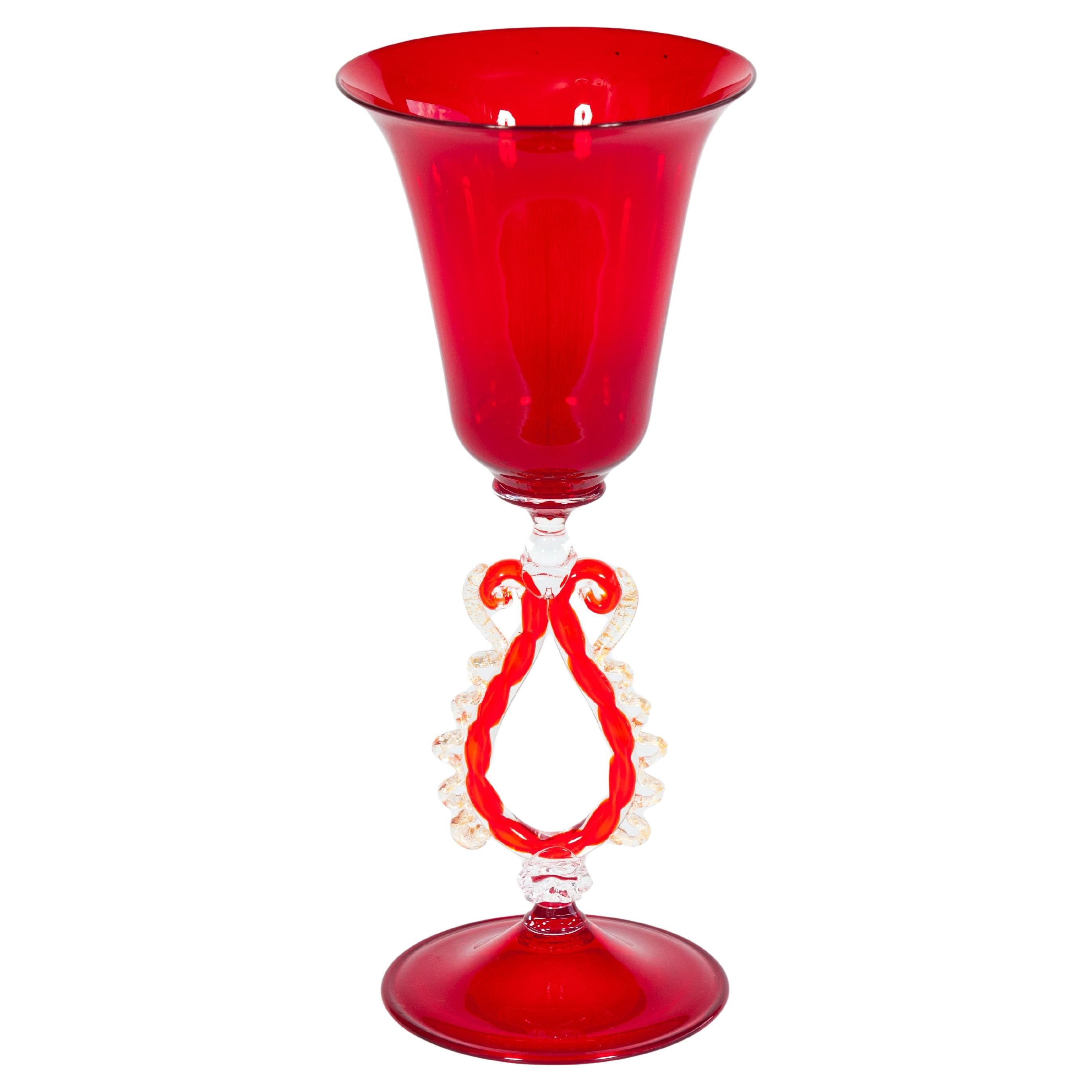 Ruby Red Murano Glass Goblet with Intricate Applied Scrolls and Gilded Detailing For Sale