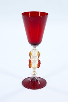 Ruby Red Murano Glass Tipetto Goblet with Gold Leaf and Aventurine, 1980s