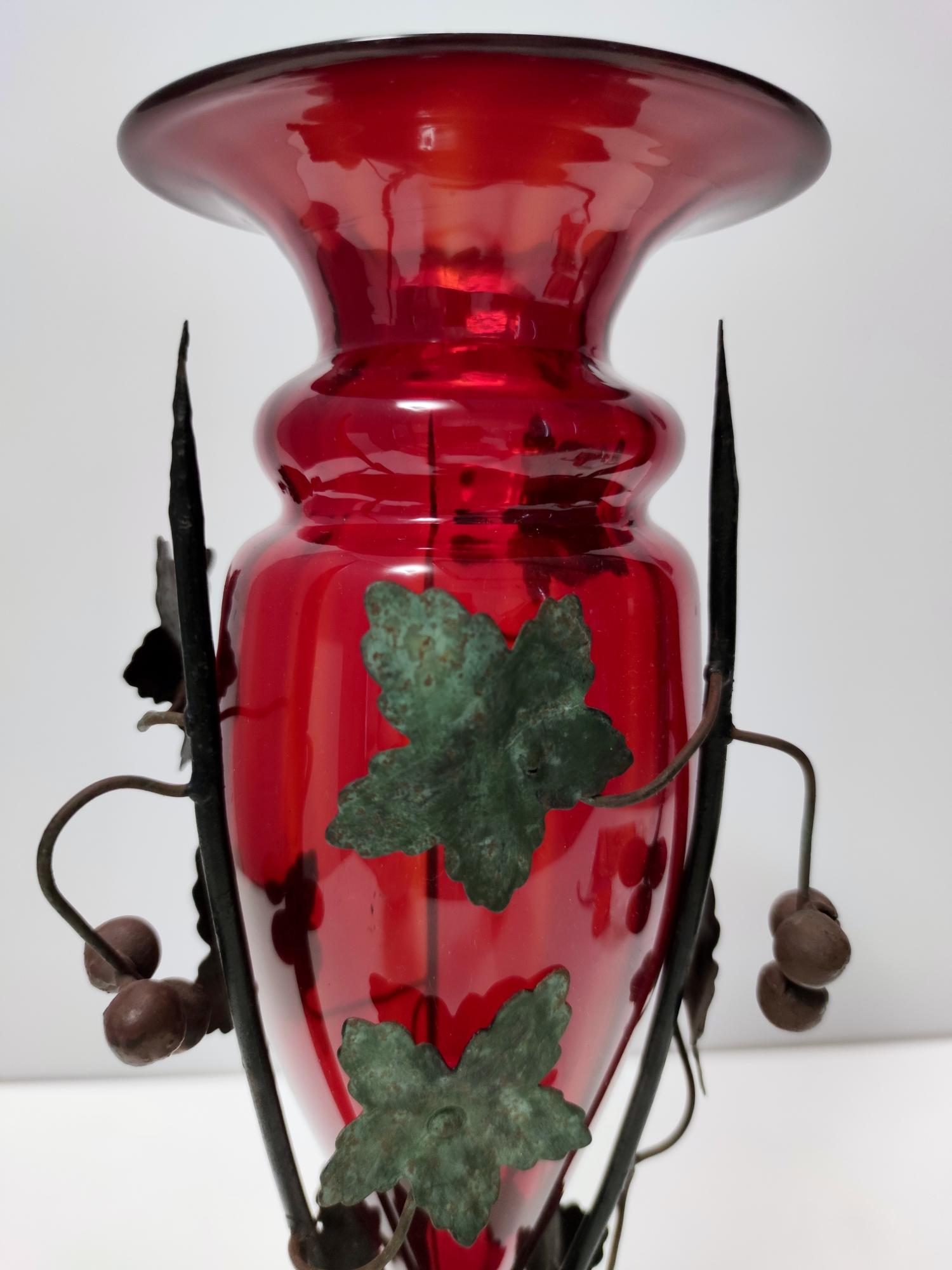 Italian Ruby Red Murano Glass Vase with Iron Grape Vines Ascribable to Umberto Bellotto For Sale